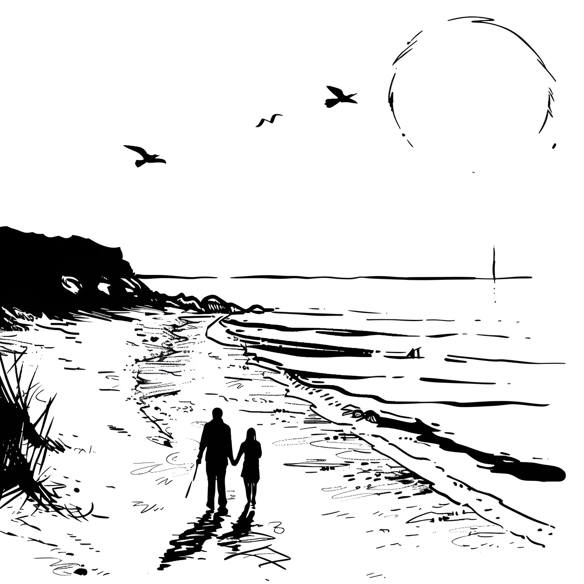 Aesthetic silhouette figures walking on beach Drawing Idea (free black-and-white line drawing printable PDF for all, from beginners to advanced learners, including children, teens, adults, and seniors)