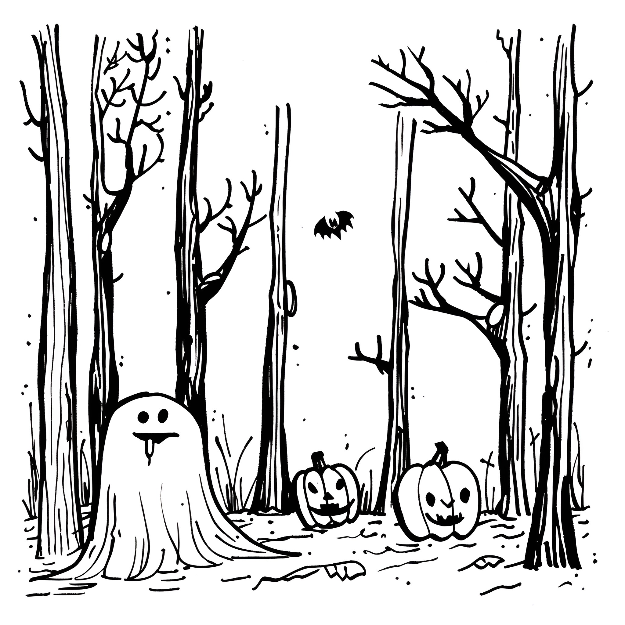 Halloween spooky forest with ghostly figures Drawing Idea (free black-and-white line drawing printable PDF for all, from beginners to advanced learners, including children, teens, adults, and seniors)