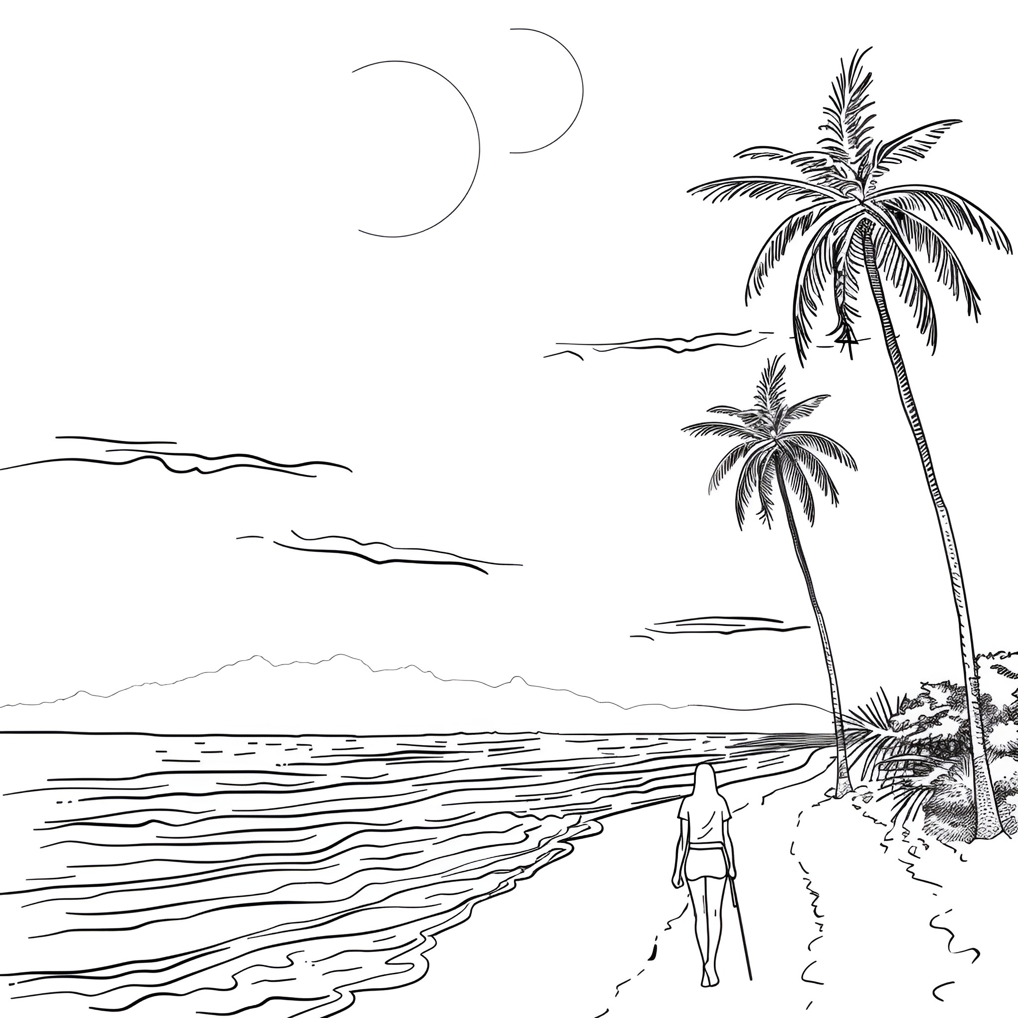Aesthetic tropical beach scene with palm trees Drawing Idea (free black-and-white line drawing printable PDF for all, from beginners to advanced learners, including children, teens, adults, and seniors)