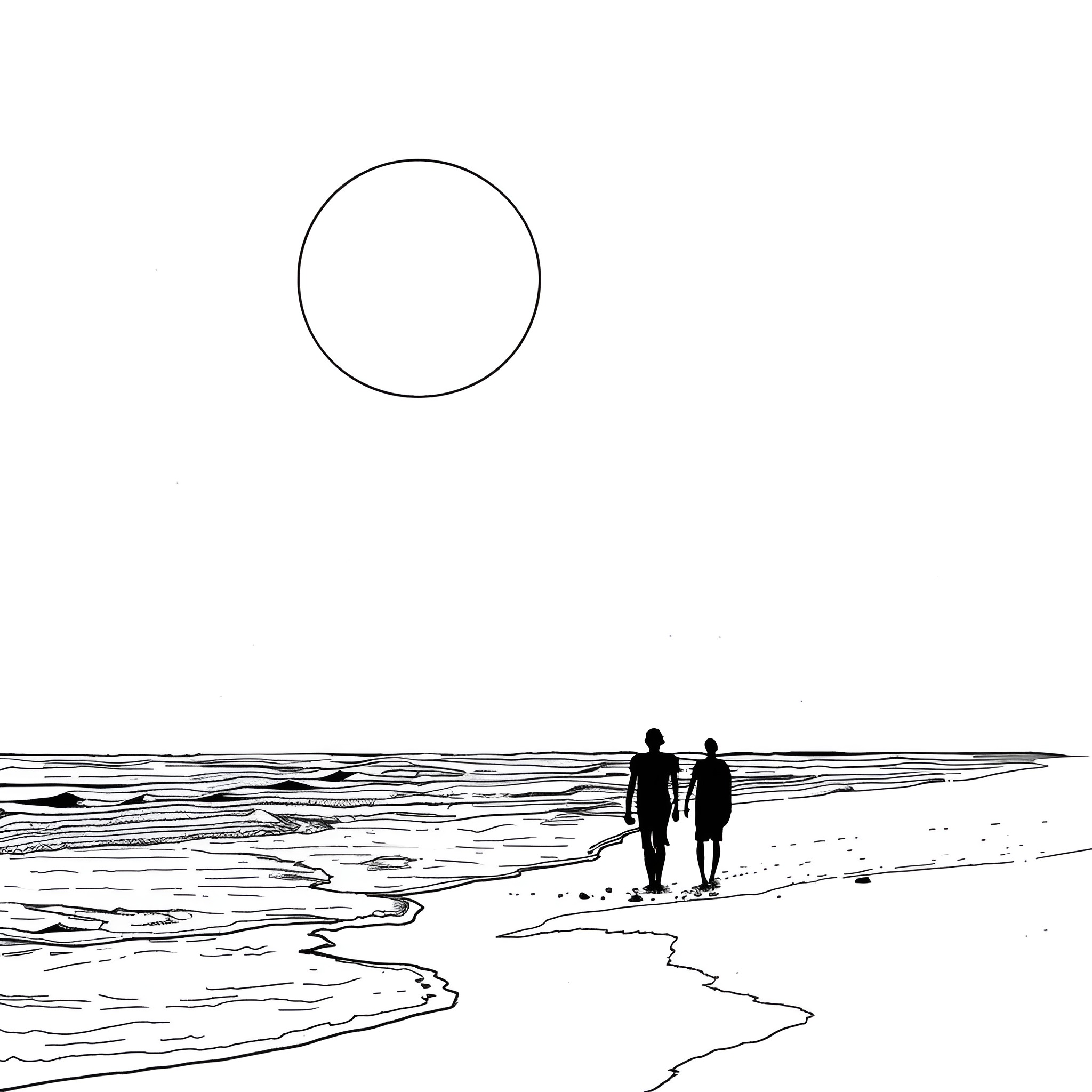 Aesthetic silhouette figures walking on beach Drawing Idea (free black-and-white line drawing printable PDF for all, from beginners to advanced learners, including children, teens, adults, and seniors)