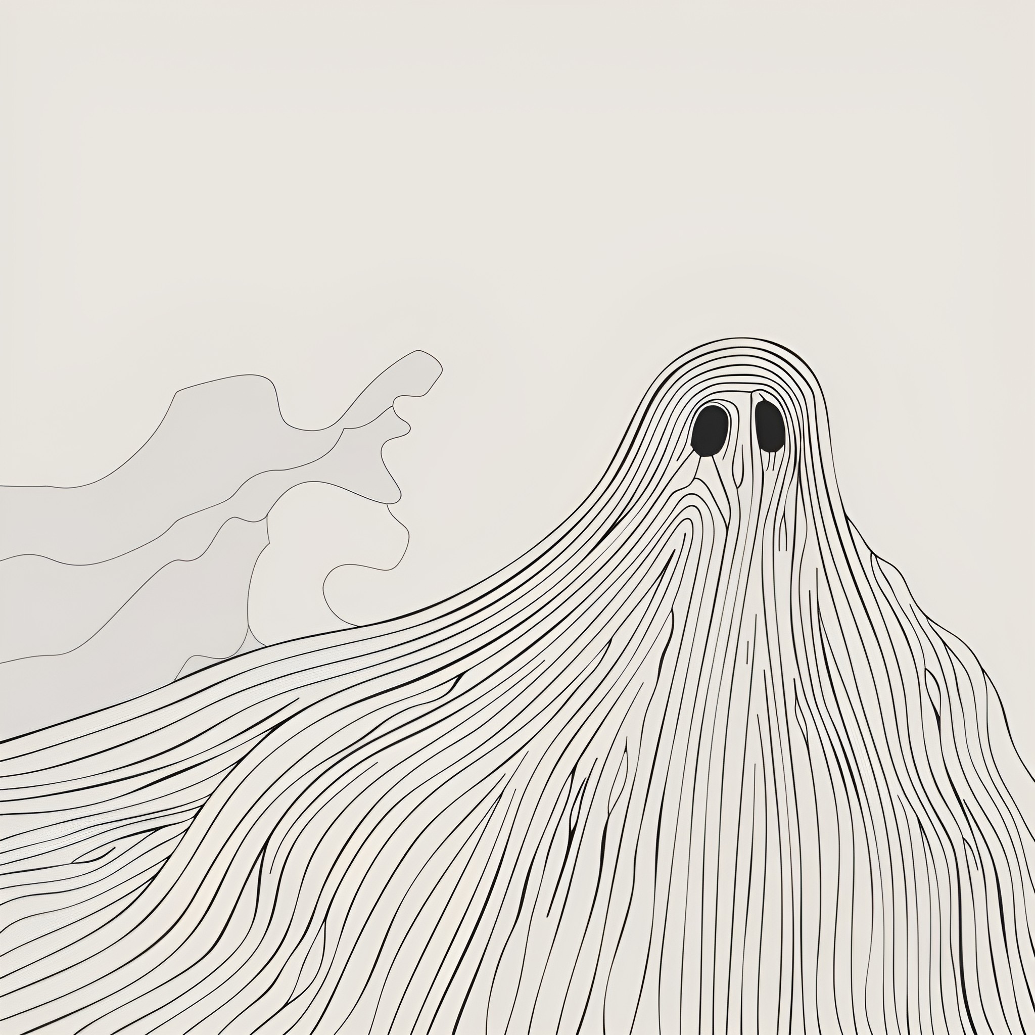 Halloween spooky ghost floating in eerie mist Drawing Idea (free black-and-white line drawing printable PDF for all, from beginners to advanced learners, including children, teens, adults, and seniors)