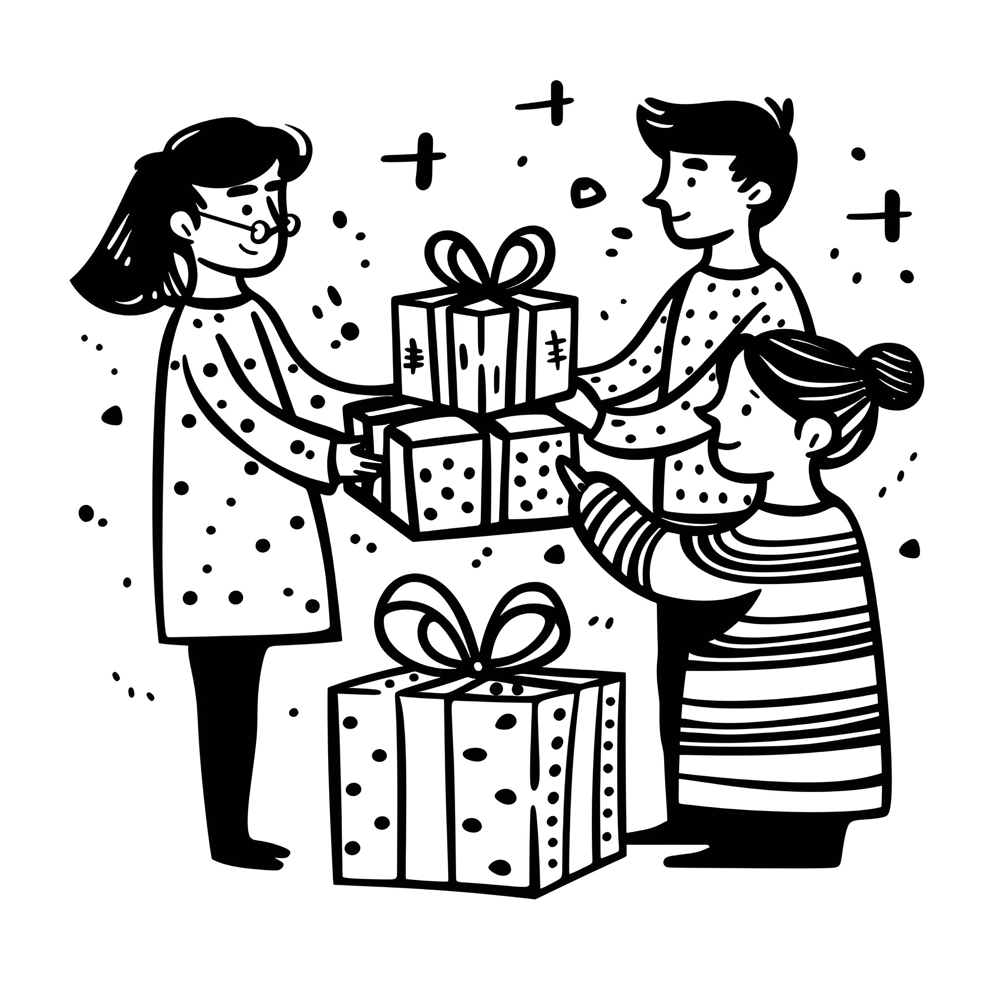 Christmas family exchanging gifts Drawing Idea (free black-and-white line drawing printable PDF for all, from beginners to advanced learners, including children, teens, adults, and seniors)