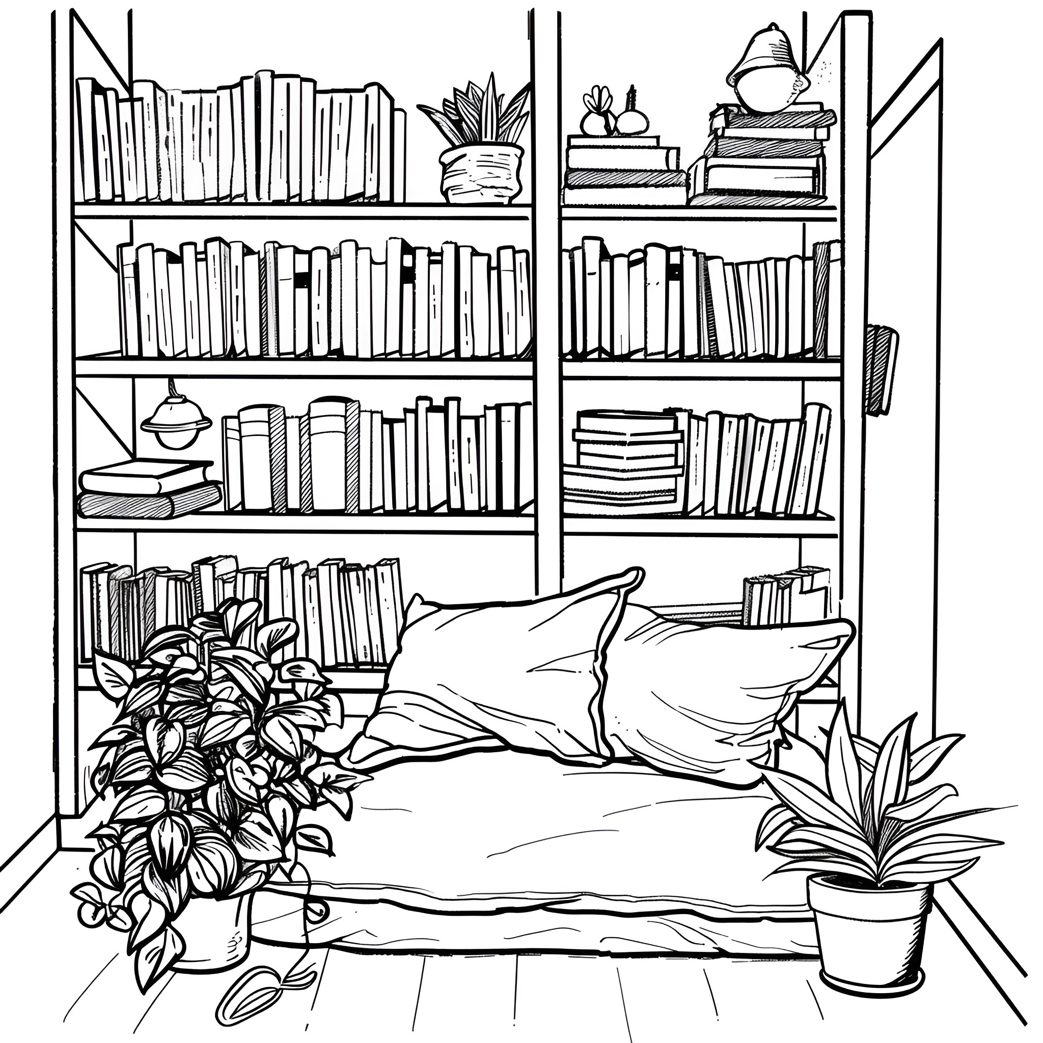Aesthetic cozy reading nook with bookshelves Drawing Idea (free black-and-white line drawing printable PDF for all, from beginners to advanced learners, including children, teens, adults, and seniors)