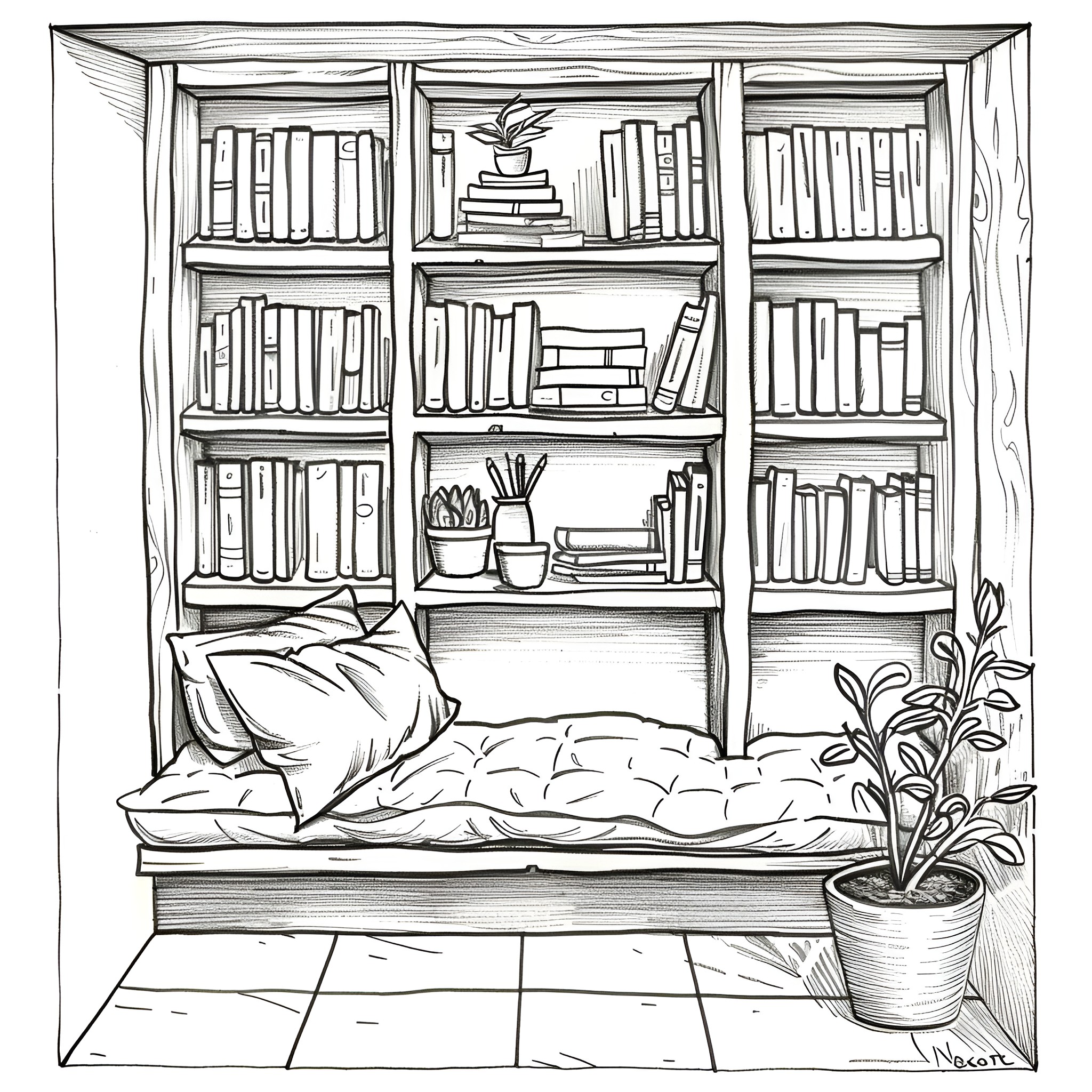 Aesthetic cozy reading nook with bookshelves Drawing Idea (free black-and-white line drawing printable PDF for all, from beginners to advanced learners, including children, teens, adults, and seniors)