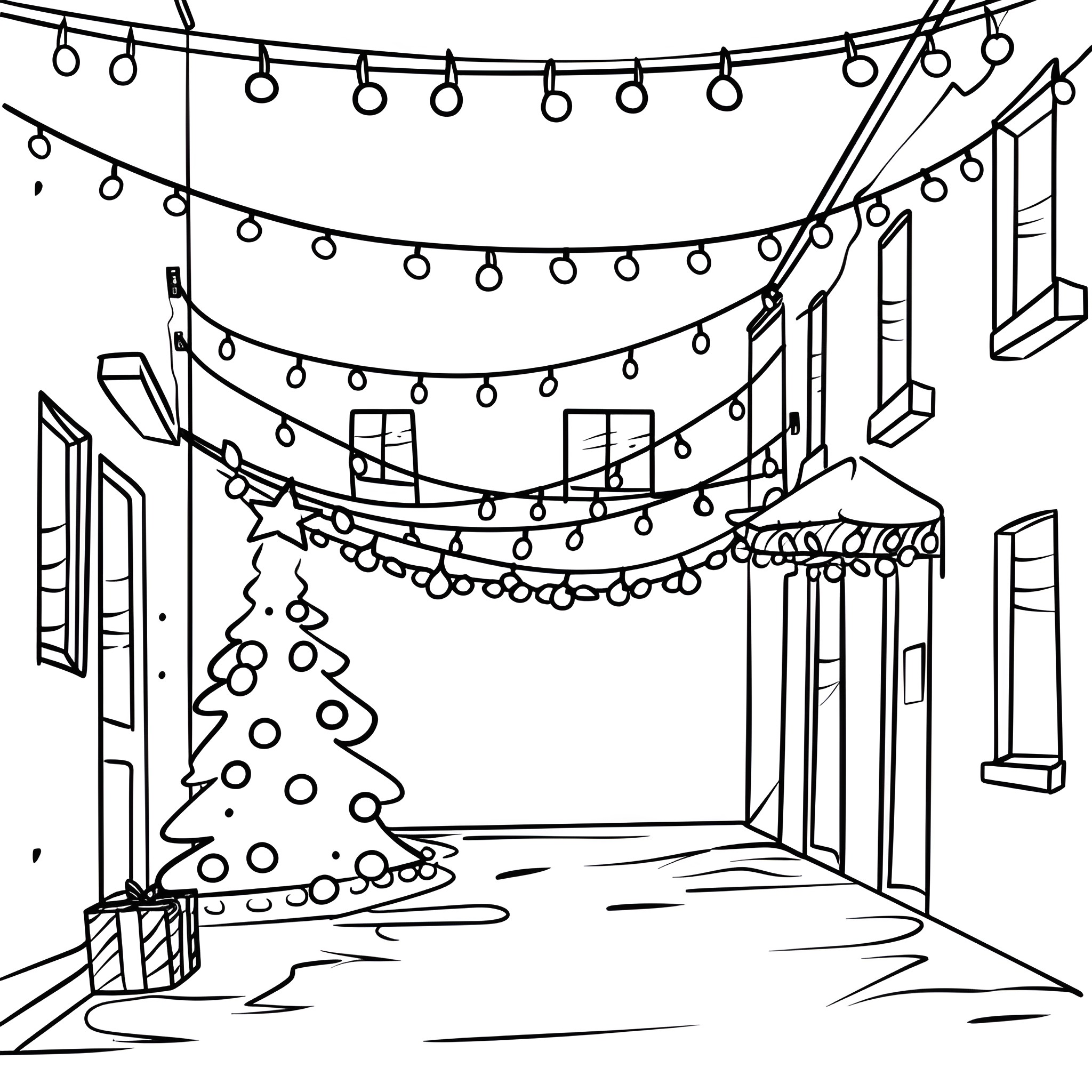 Christmas street lights and decorations Drawing Idea (free black-and-white line drawing printable PDF for all, from beginners to advanced learners, including children, teens, adults, and seniors)