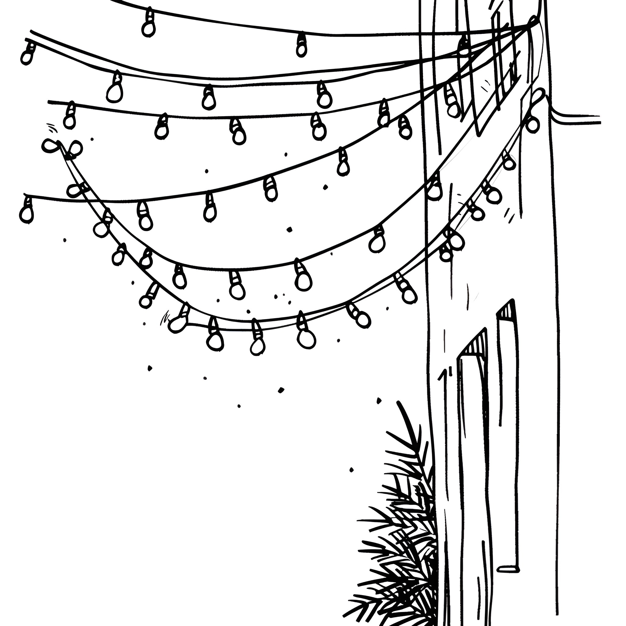Christmas lights and holiday decor Drawing Idea (free black-and-white line drawing printable PDF for all, from beginners to advanced learners, including children, teens, adults, and seniors)