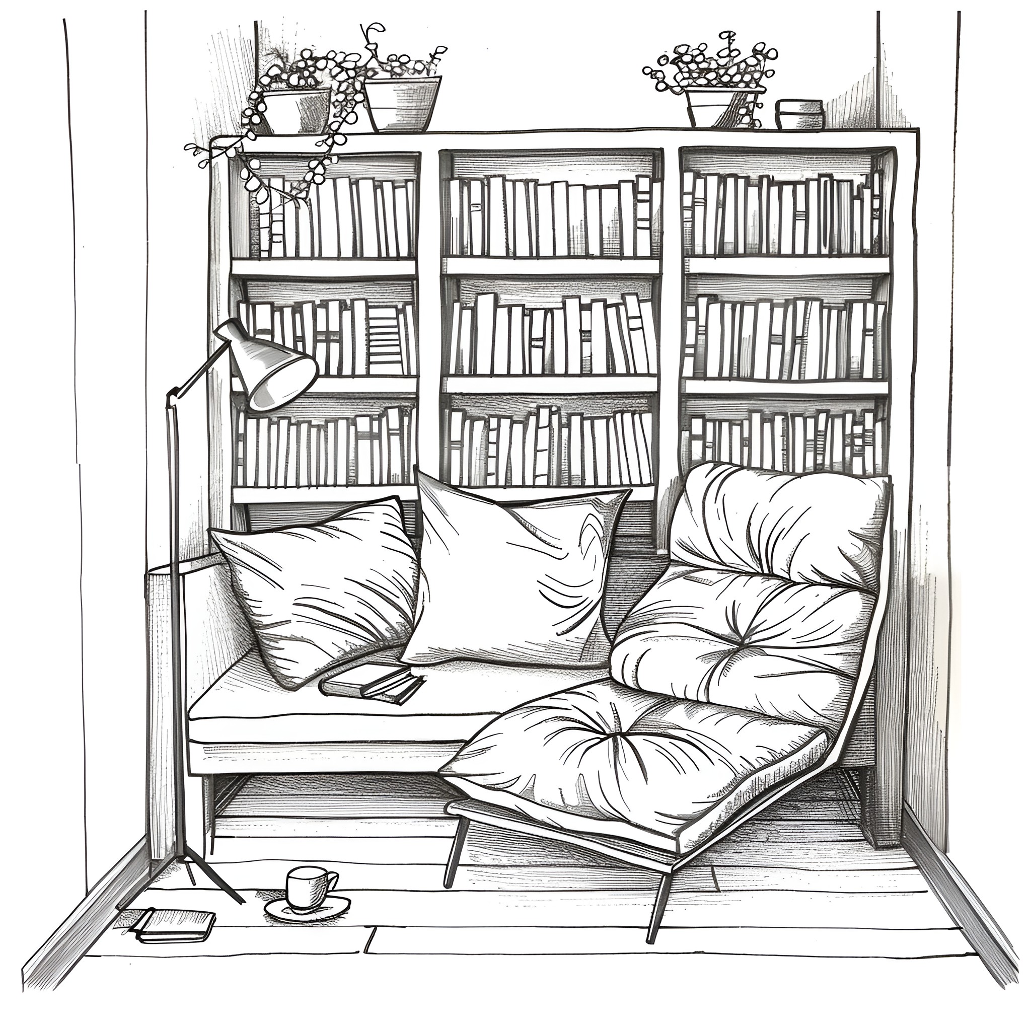 Aesthetic home library with cozy reading nook Drawing Idea (free black-and-white line drawing printable PDF for all, from beginners to advanced learners, including children, teens, adults, and seniors)