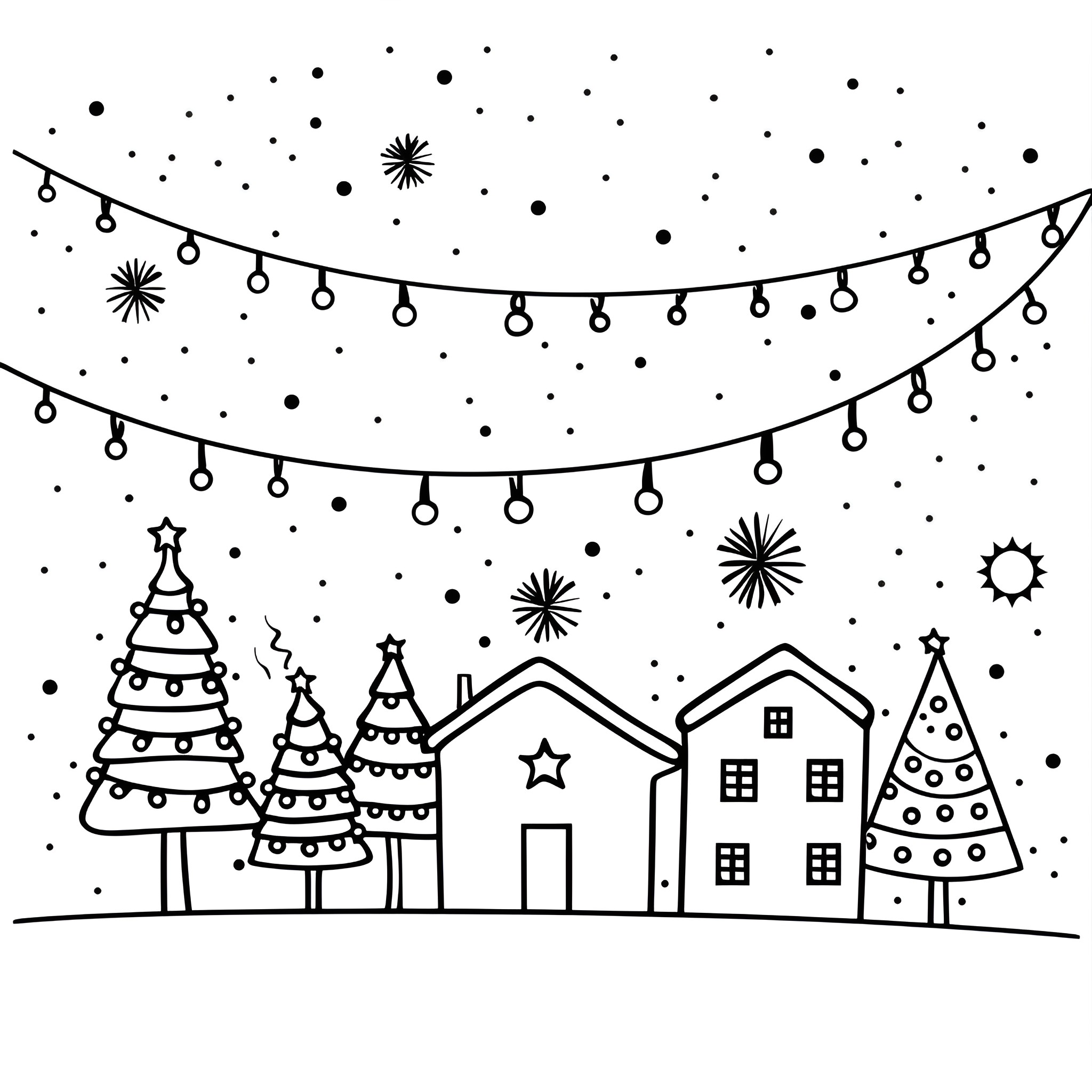Christmas town with festive lights and decor Drawing Idea (free black-and-white line drawing printable PDF for all, from beginners to advanced learners, including children, teens, adults, and seniors)