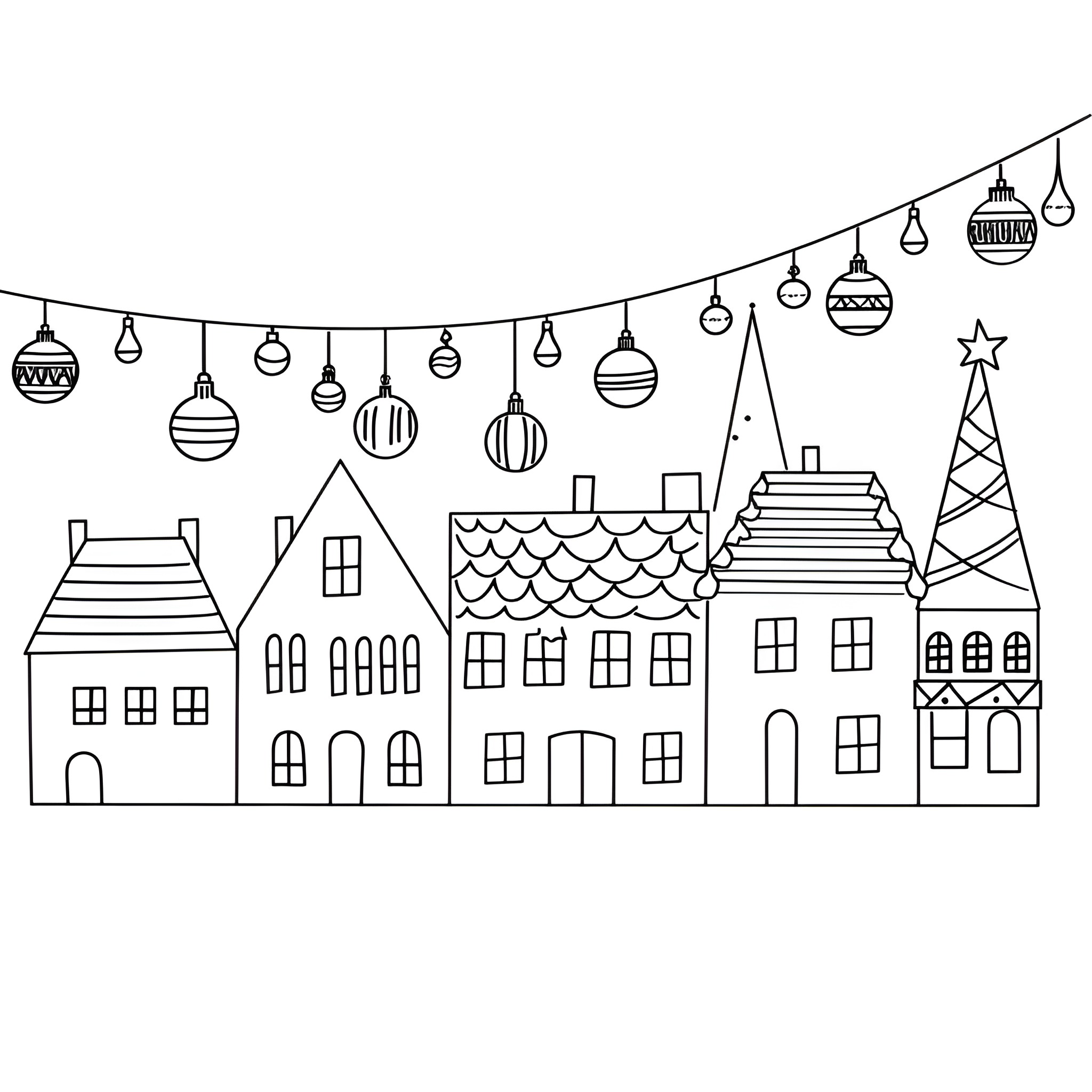 Christmas lights over festive town skyline Drawing Idea (free black-and-white line drawing printable PDF for all, from beginners to advanced learners, including children, teens, adults, and seniors)