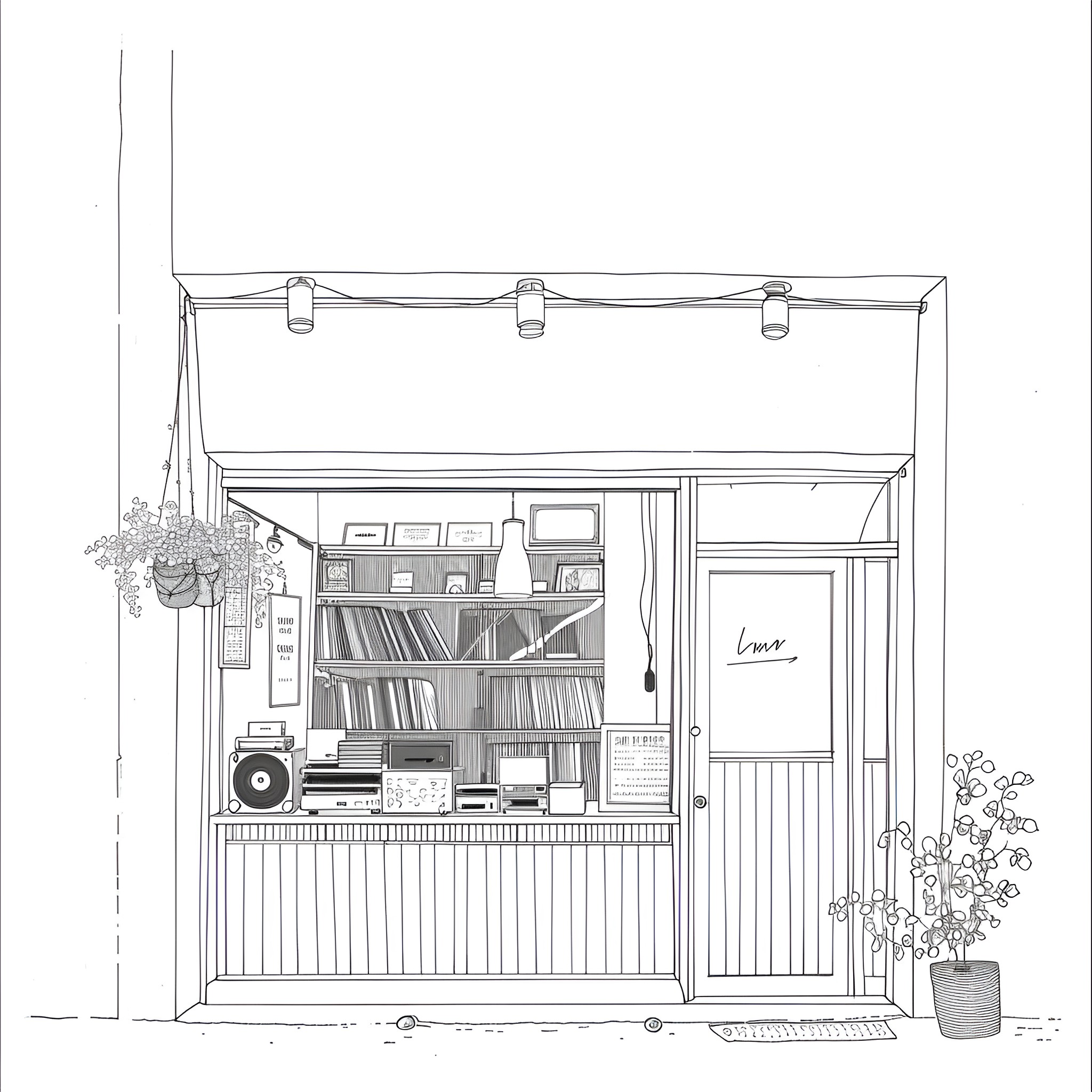 Aesthetic cozy bookshop storefront Drawing Idea (free black-and-white line drawing printable PDF for all, from beginners to advanced learners, including children, teens, adults, and seniors)