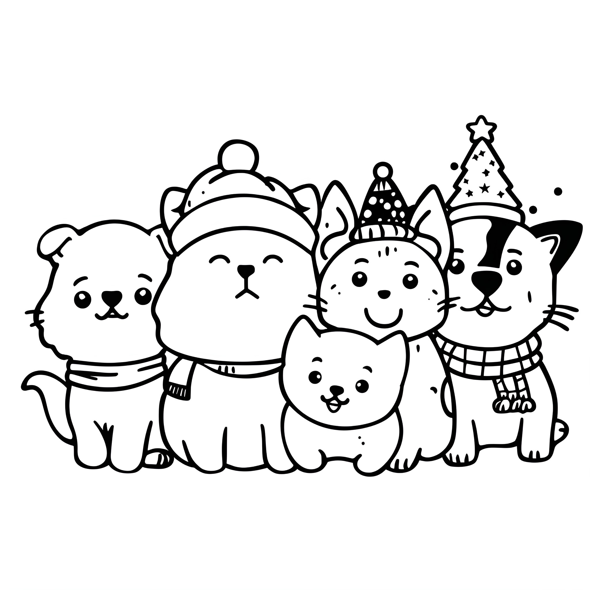 Christmas pets celebrating together Drawing Idea (free black-and-white line drawing printable PDF for all, from beginners to advanced learners, including children, teens, adults, and seniors)