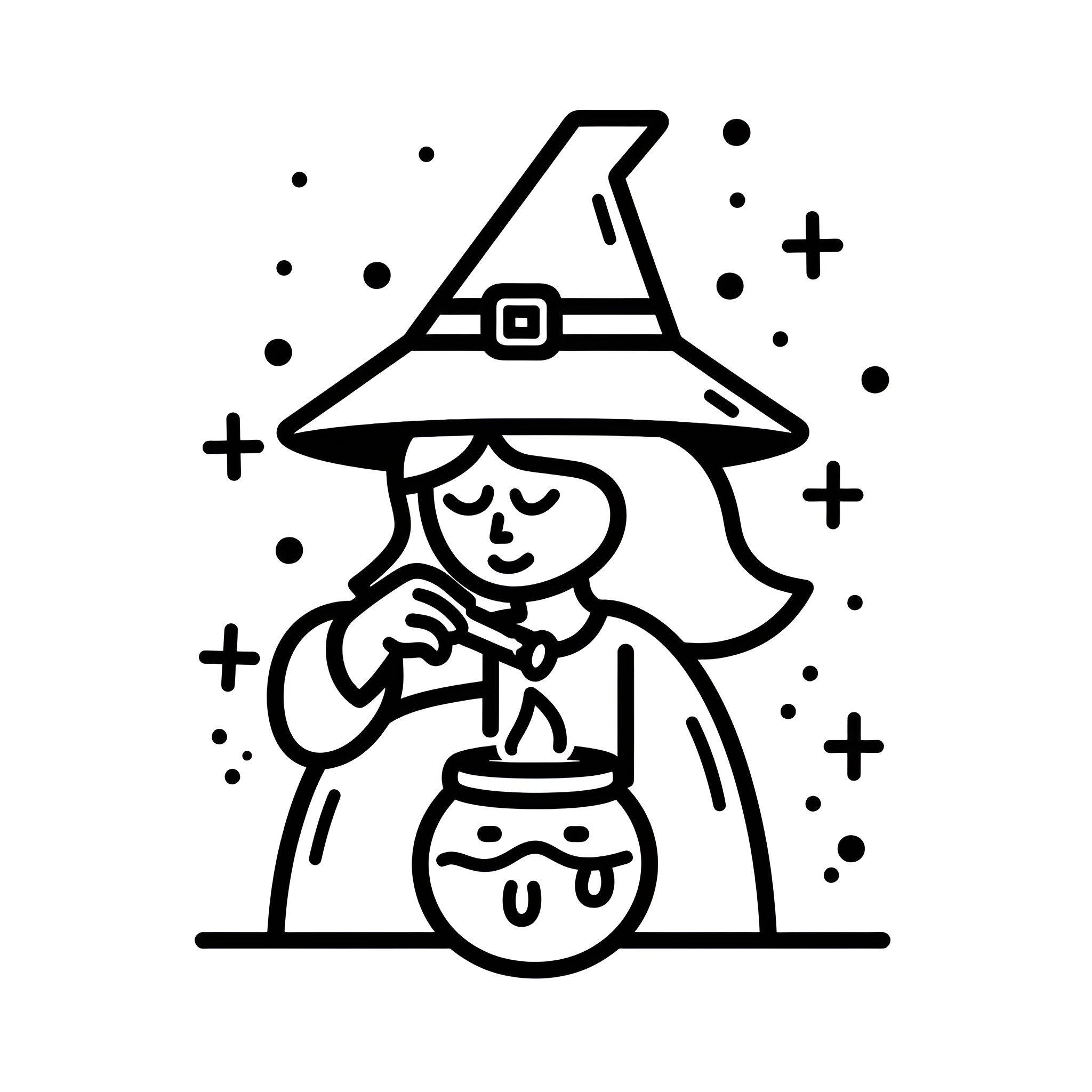 Halloween Witch Stirring Cauldron Drawing Idea (free black-and-white line drawing printable PDF for all, from beginners to advanced learners, including children, teens, adults, and seniors)