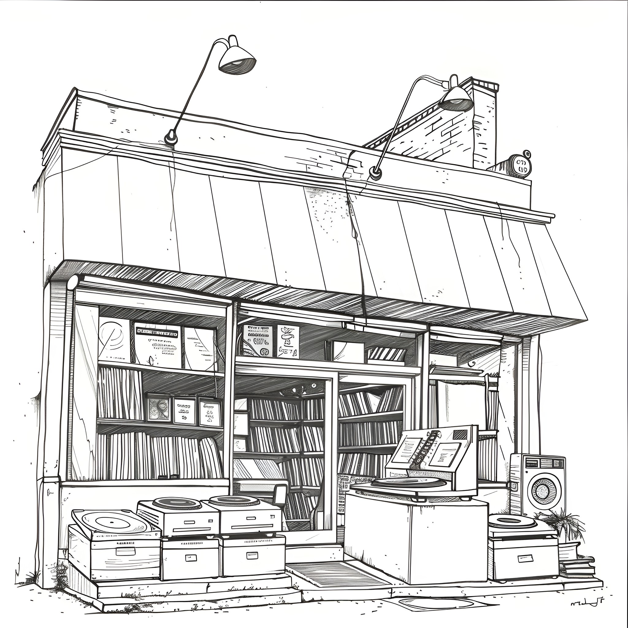 Aesthetic Cozy Library Bookshop Storefront Drawing Idea (free black-and-white line drawing printable PDF for all, from beginners to advanced learners, including children, teens, adults, and seniors)