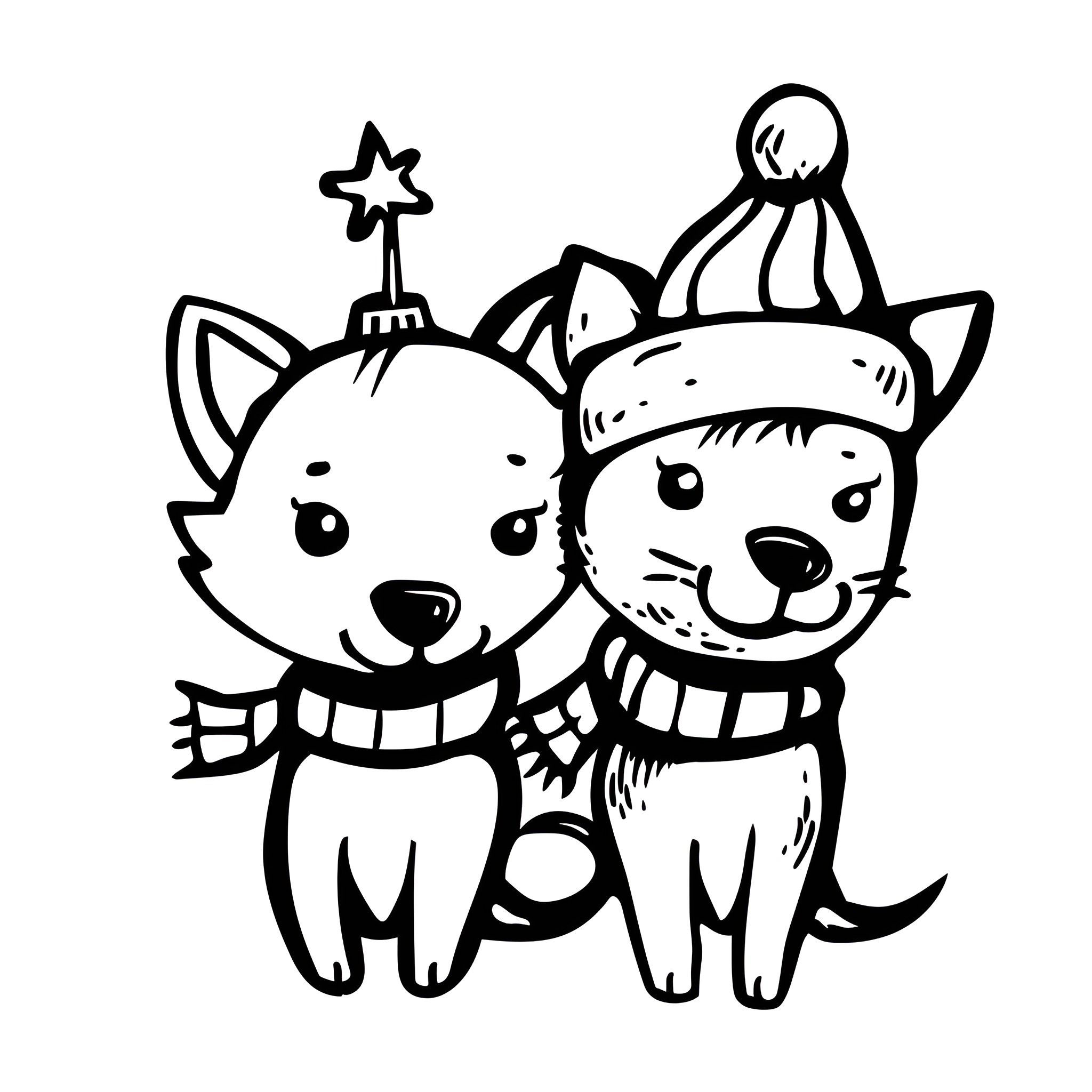 Christmas kittens in festive outfits Drawing Idea (free black-and-white line drawing printable PDF for all, from beginners to advanced learners, including children, teens, adults, and seniors)