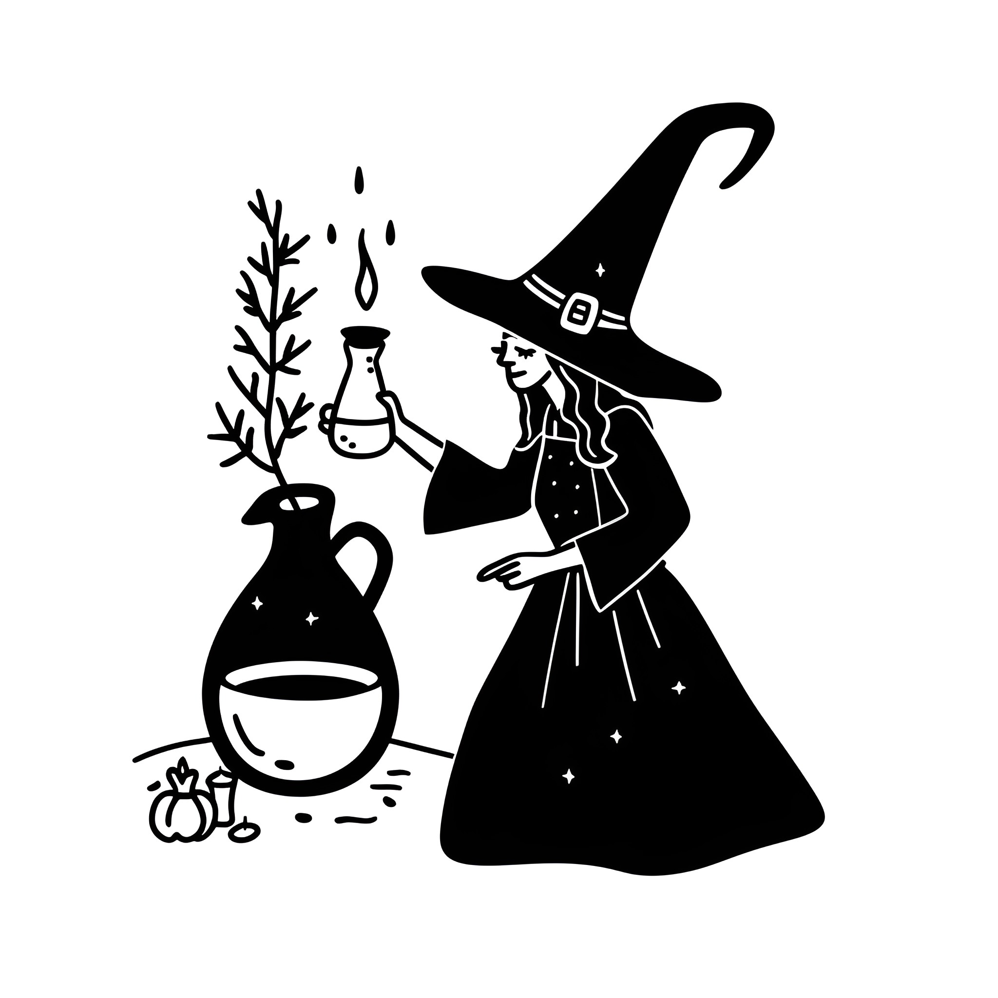 Halloween Witch Brewing Potion Drawing Idea (free black-and-white line drawing printable PDF for all, from beginners to advanced learners, including children, teens, adults, and seniors)