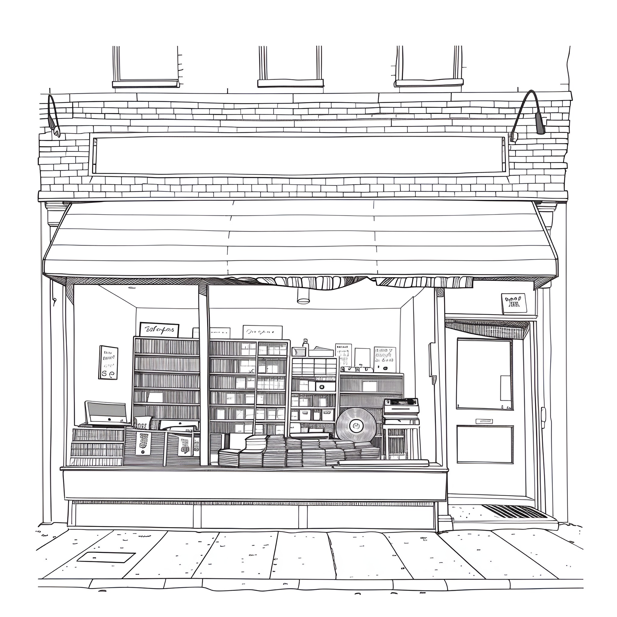 Aesthetic Cozy Bookstore Storefront Drawing Idea (free black-and-white line drawing printable PDF for all, from beginners to advanced learners, including children, teens, adults, and seniors)