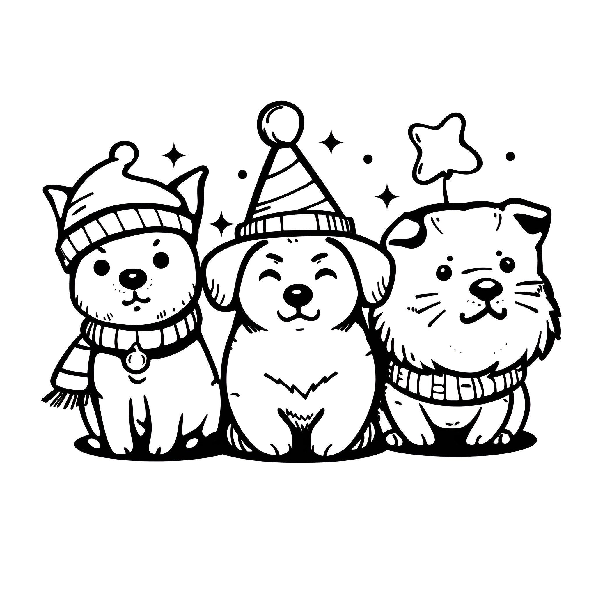 Christmas Pets Celebrating in Festive Attire Drawing Idea (free black-and-white line drawing printable PDF for all, from beginners to advanced learners, including children, teens, adults, and seniors)