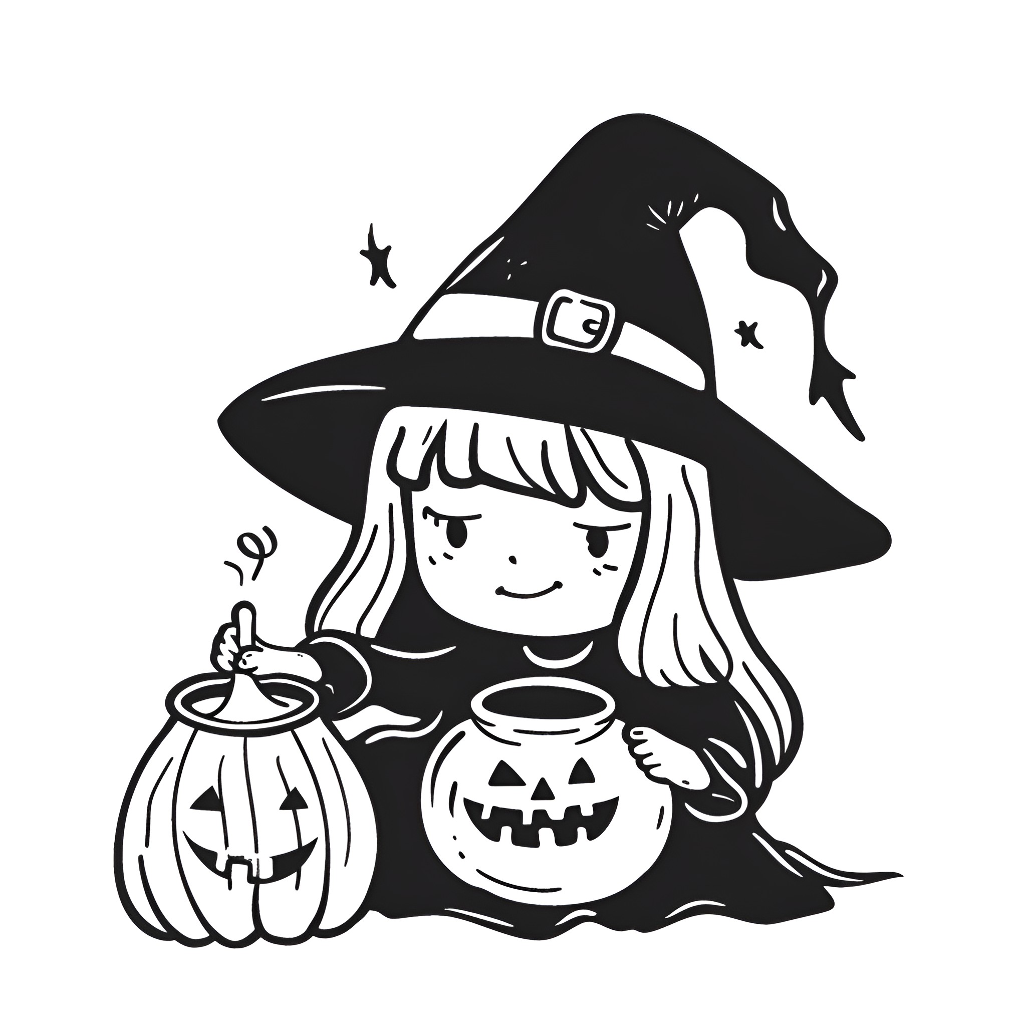 Halloween Witch with Pumpkin Basket Drawing Idea (free black-and-white line drawing printable PDF for all, from beginners to advanced learners, including children, teens, adults, and seniors)