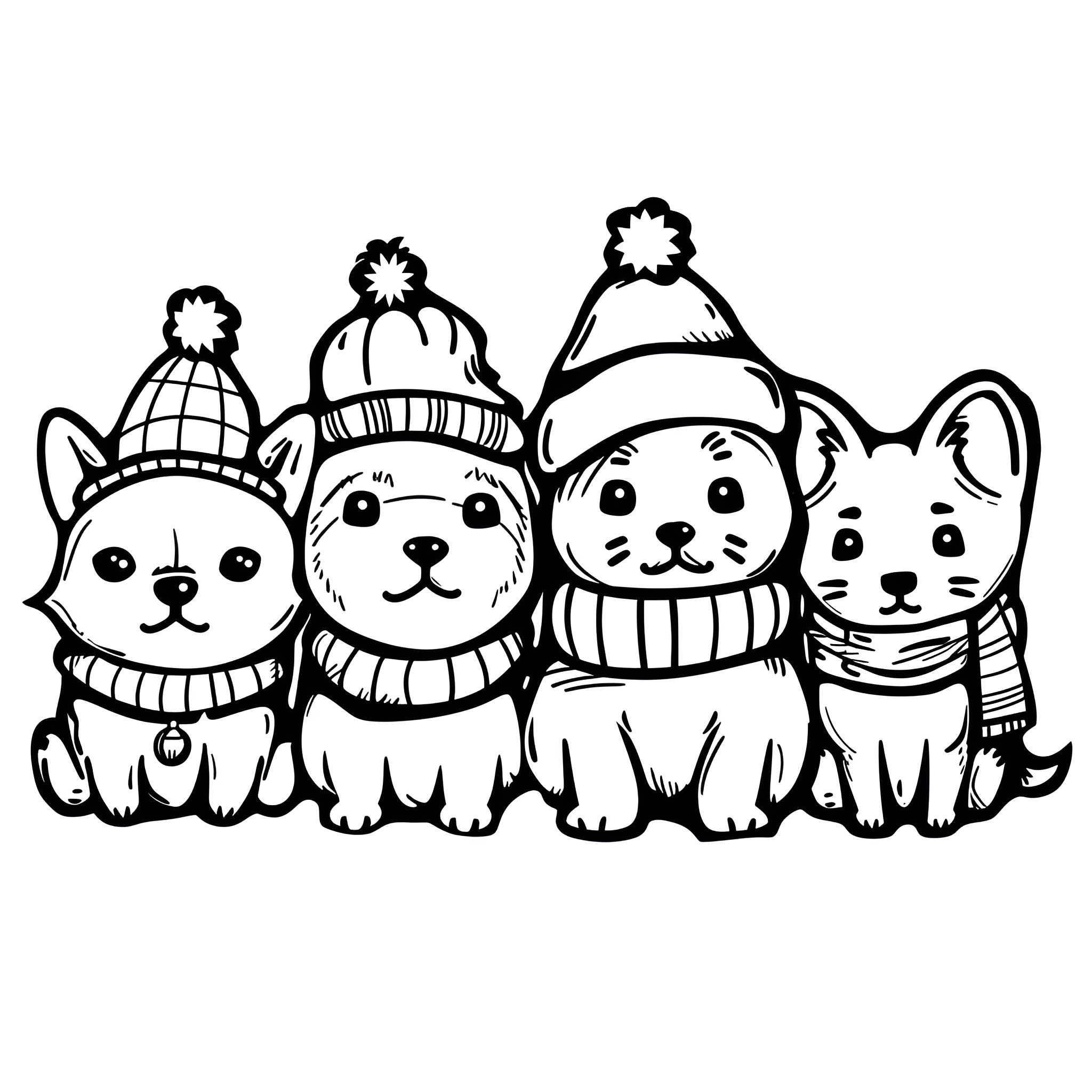 Christmas animal friends in winter outfits Drawing Idea (free black-and-white line drawing printable PDF for all, from beginners to advanced learners, including children, teens, adults, and seniors)