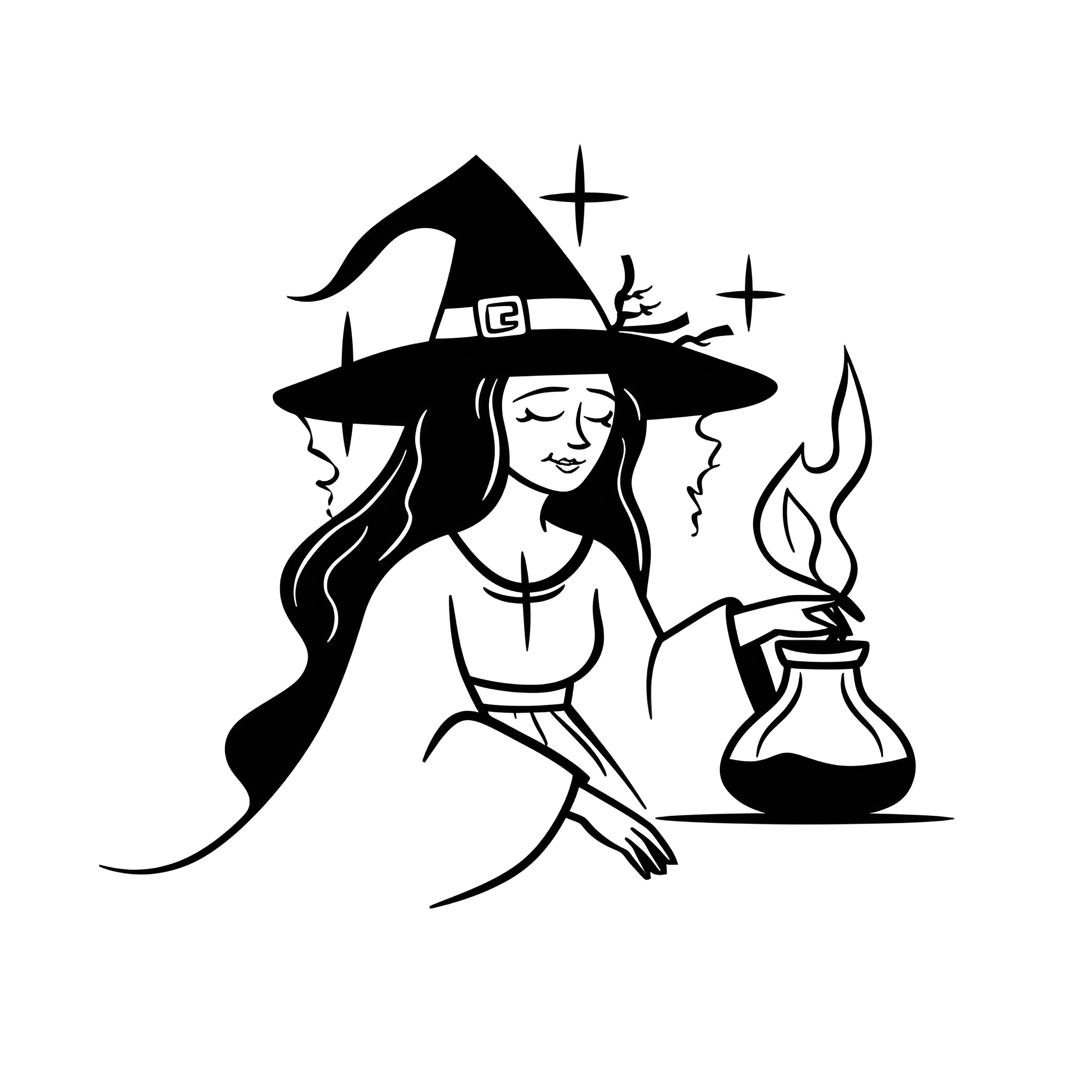Halloween Witch Brewing Potions Drawing Idea (free black-and-white line drawing printable PDF for all, from beginners to advanced learners, including children, teens, adults, and seniors)