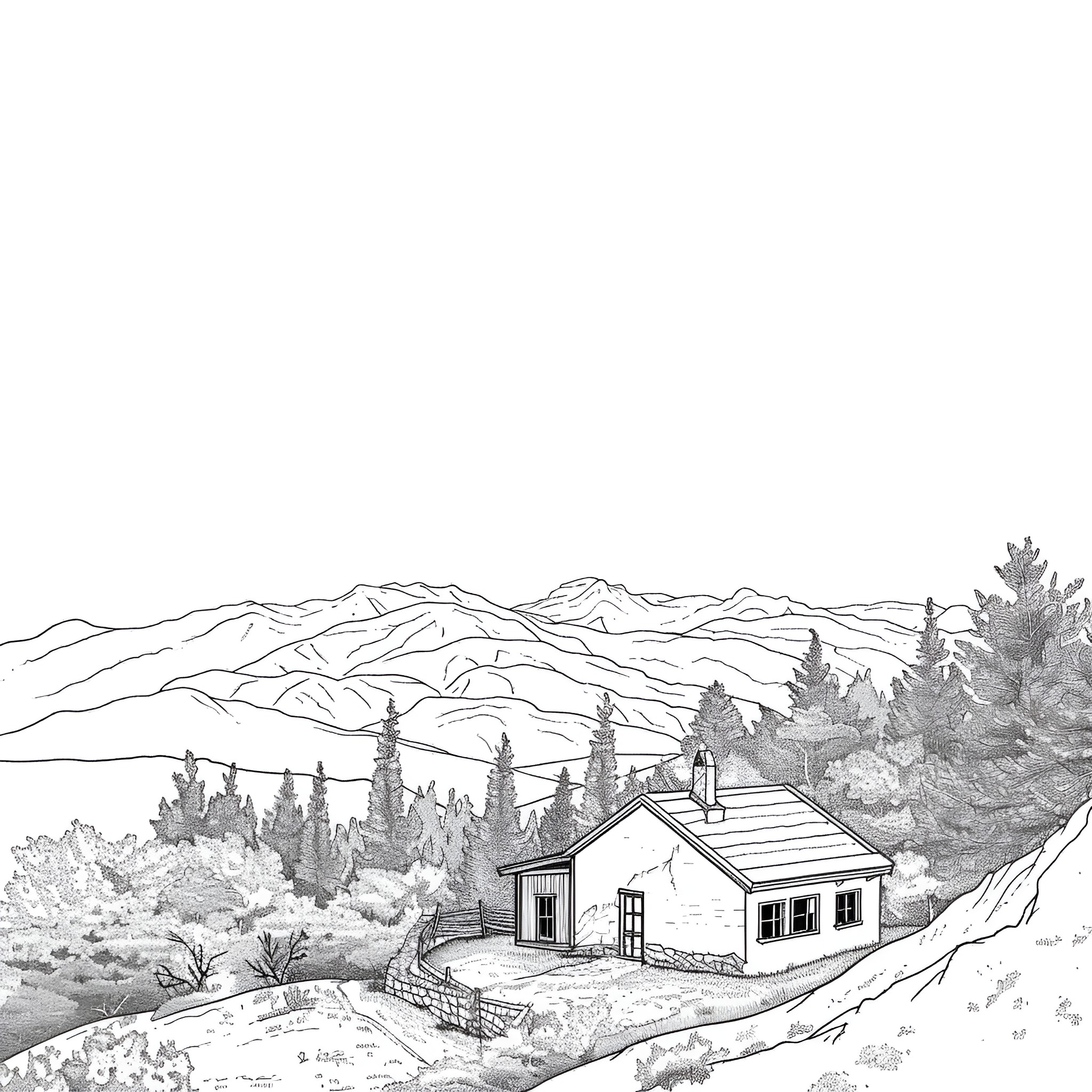 Aesthetic Rural Mountain Cabin Landscape Drawing Idea (free black-and-white line drawing printable PDF for all, from beginners to advanced learners, including children, teens, adults, and seniors)