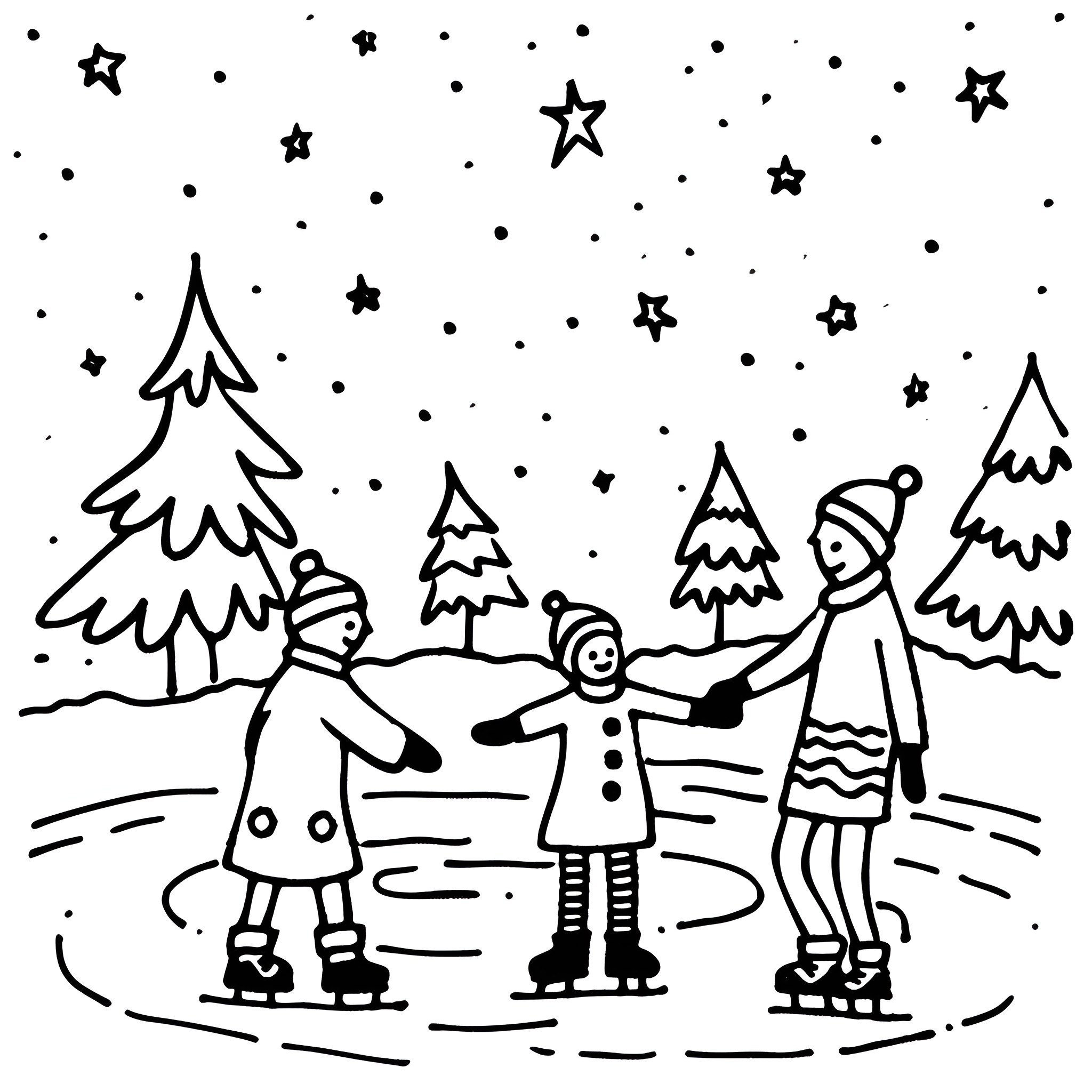 Christmas characters playing in snowy landscape Drawing Idea (free black-and-white line drawing printable PDF for all, from beginners to advanced learners, including children, teens, adults, and seniors)