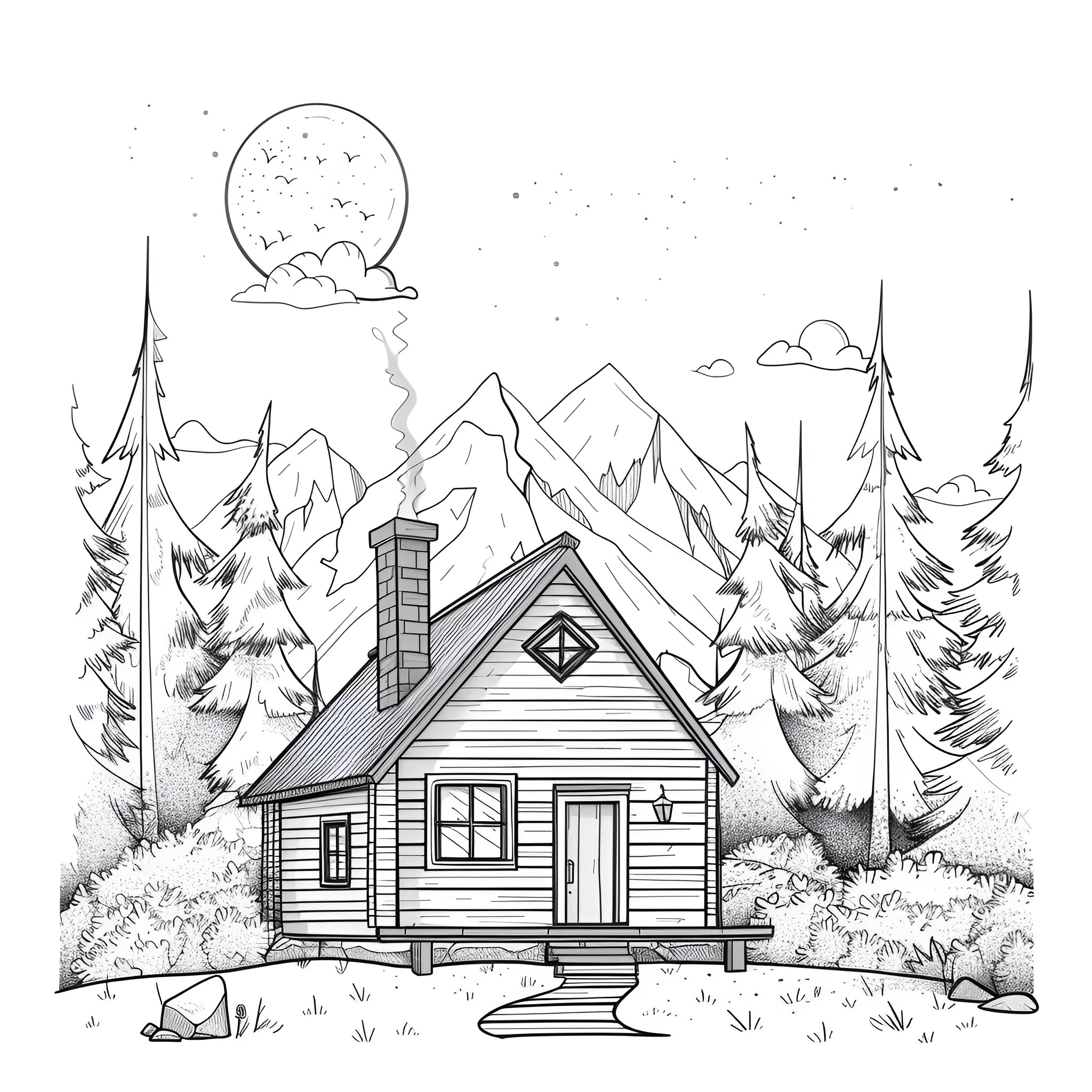 Aesthetic cozy cabin in the woods Drawing Idea (free black-and-white line drawing printable PDF for all, from beginners to advanced learners, including children, teens, adults, and seniors)