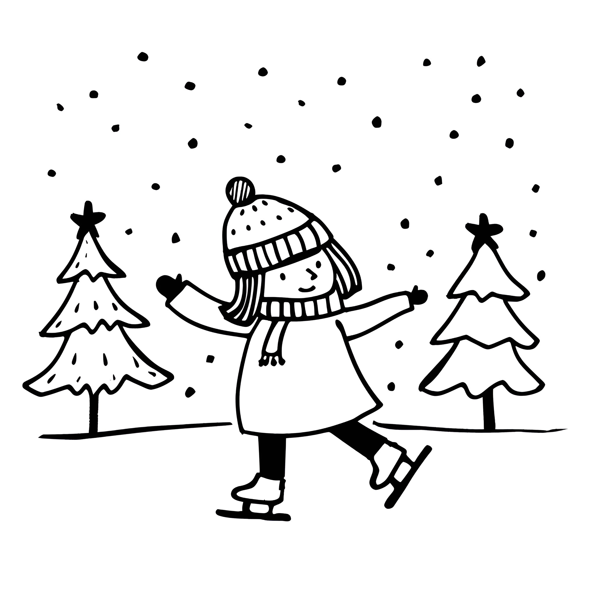 Christmas figure skating in winter wonderland Drawing Idea (free black-and-white line drawing printable PDF for all, from beginners to advanced learners, including children, teens, adults, and seniors)