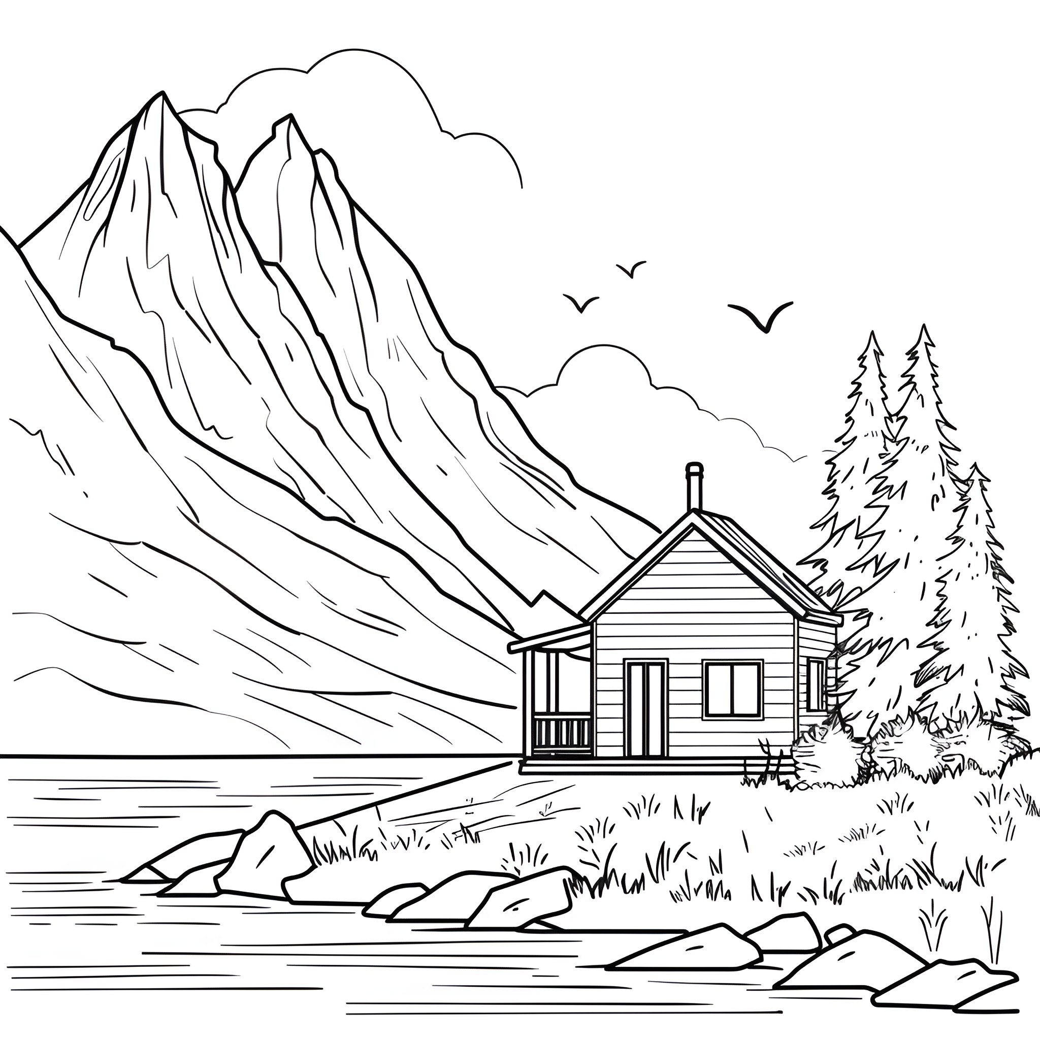 Aesthetic mountain cabin landscape Drawing Idea (free black-and-white line drawing printable PDF for all, from beginners to advanced learners, including children, teens, adults, and seniors)