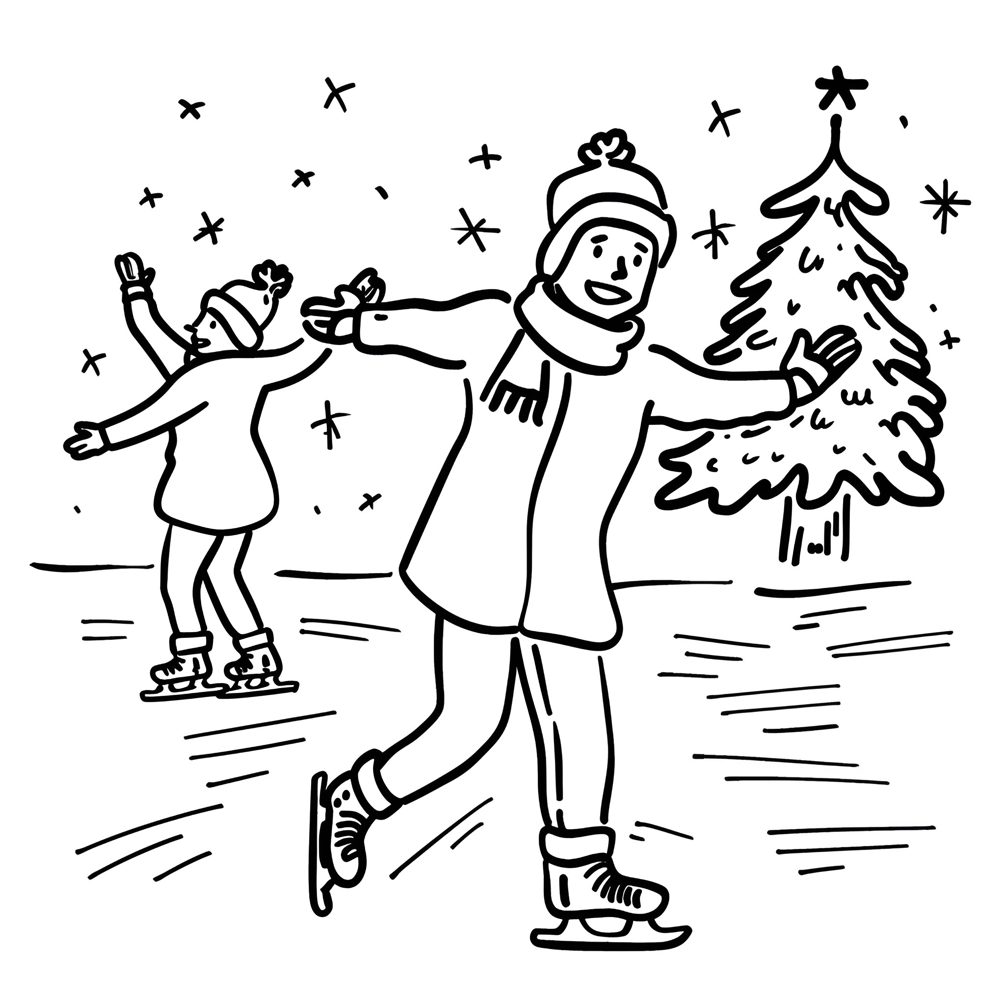 Christmas joyful ice skating and holiday scene Drawing Idea (free black-and-white line drawing printable PDF for all, from beginners to advanced learners, including children, teens, adults, and seniors)