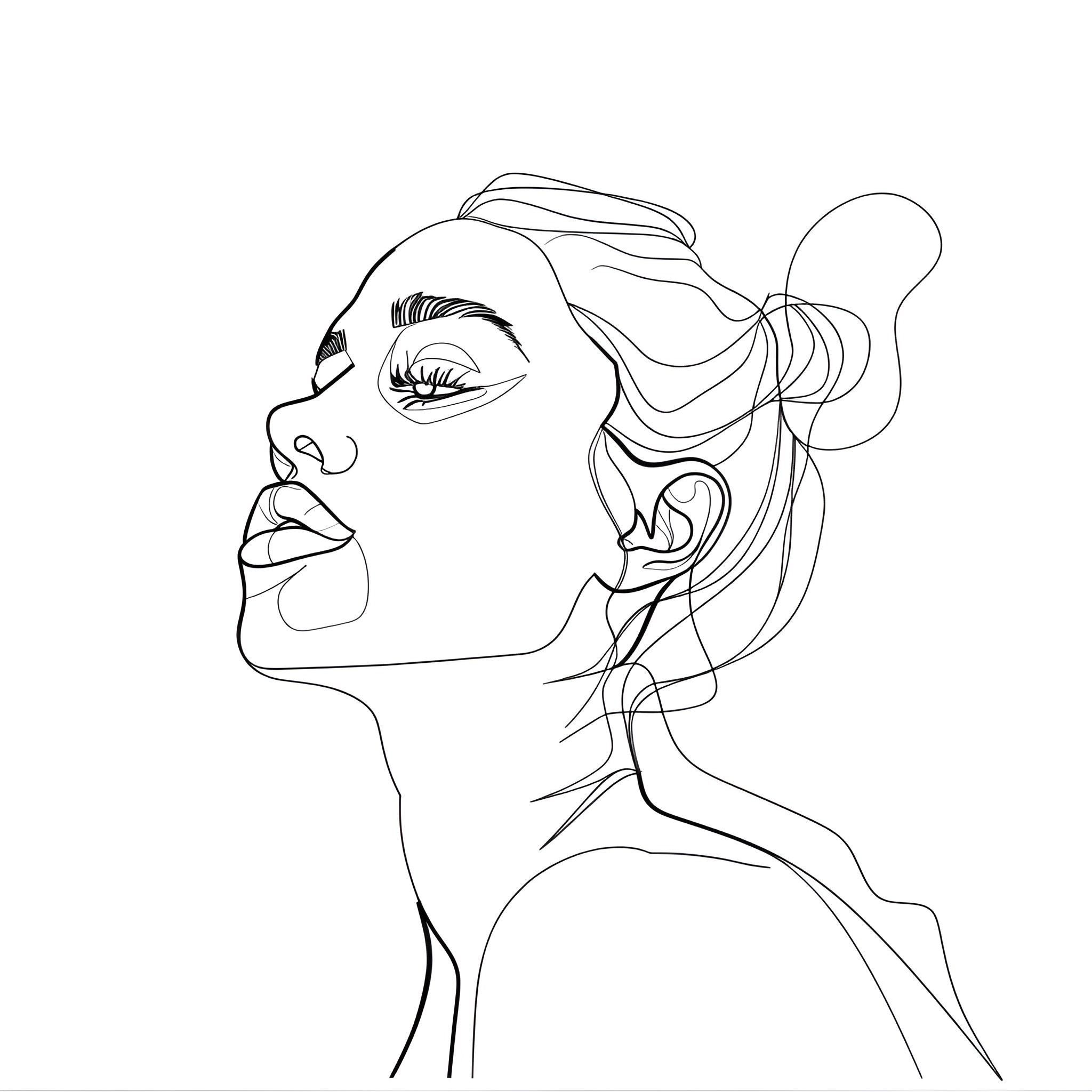 Aesthetic Dreaming Woman Portrait Drawing Idea (free black-and-white line drawing printable PDF for all, from beginners to advanced learners, including children, teens, adults, and seniors)