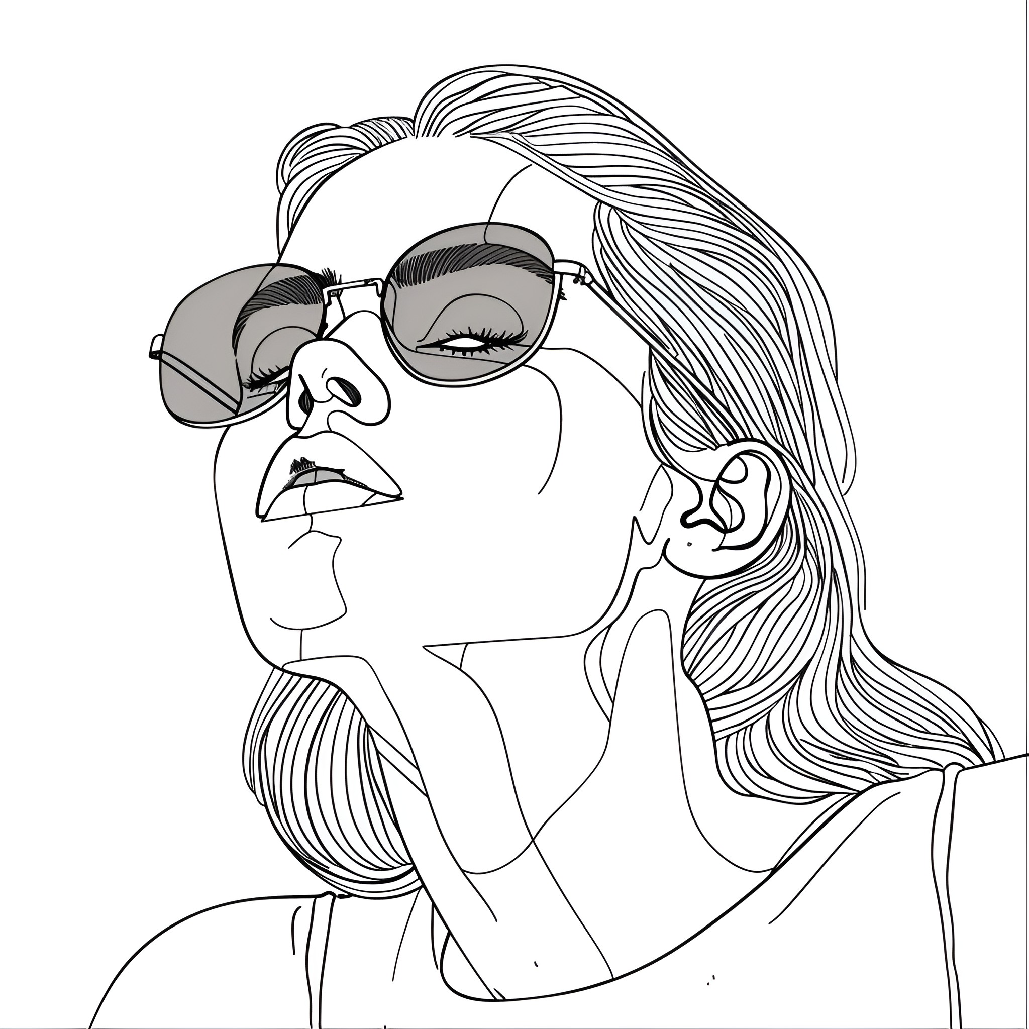 Aesthetic Moody Expression in Sunglasses Drawing Idea (free black-and-white line drawing printable PDF for all, from beginners to advanced learners, including children, teens, adults, and seniors)