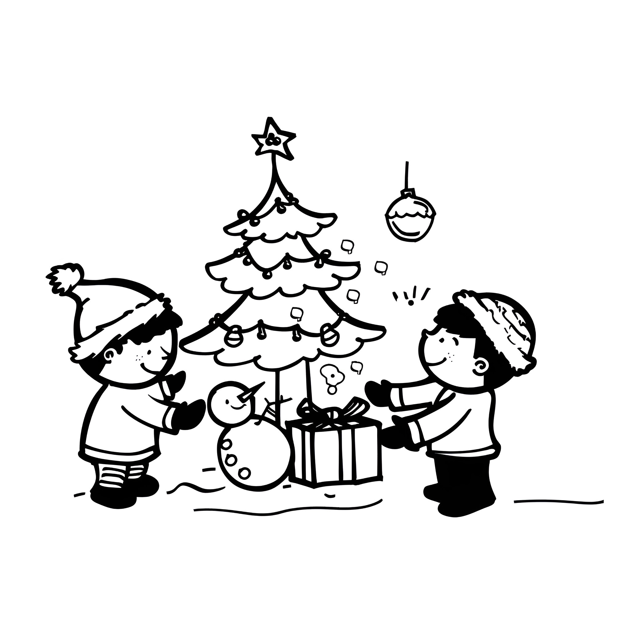Christmas children playing with snow and tree Drawing Idea (free black-and-white line drawing printable PDF for all, from beginners to advanced learners, including children, teens, adults, and seniors)
