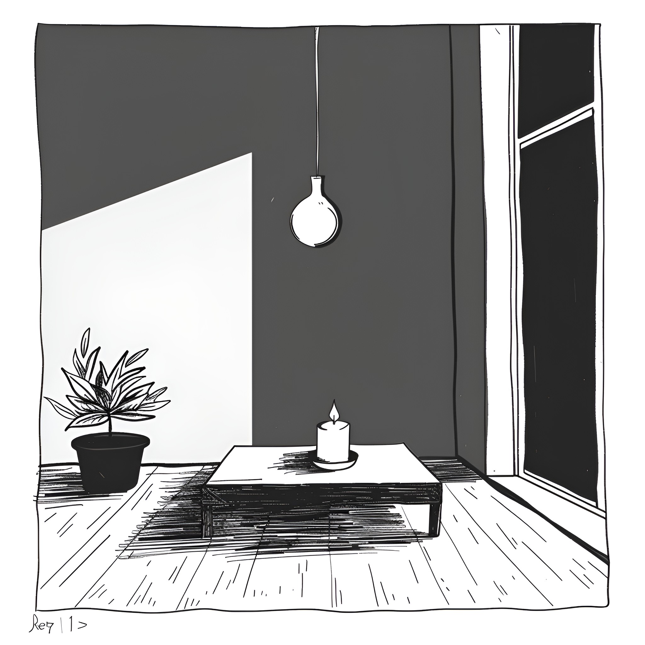 Aesthetic minimalist interior with plant and candle Drawing Idea (free black-and-white line drawing printable PDF for all, from beginners to advanced learners, including children, teens, adults, and seniors)