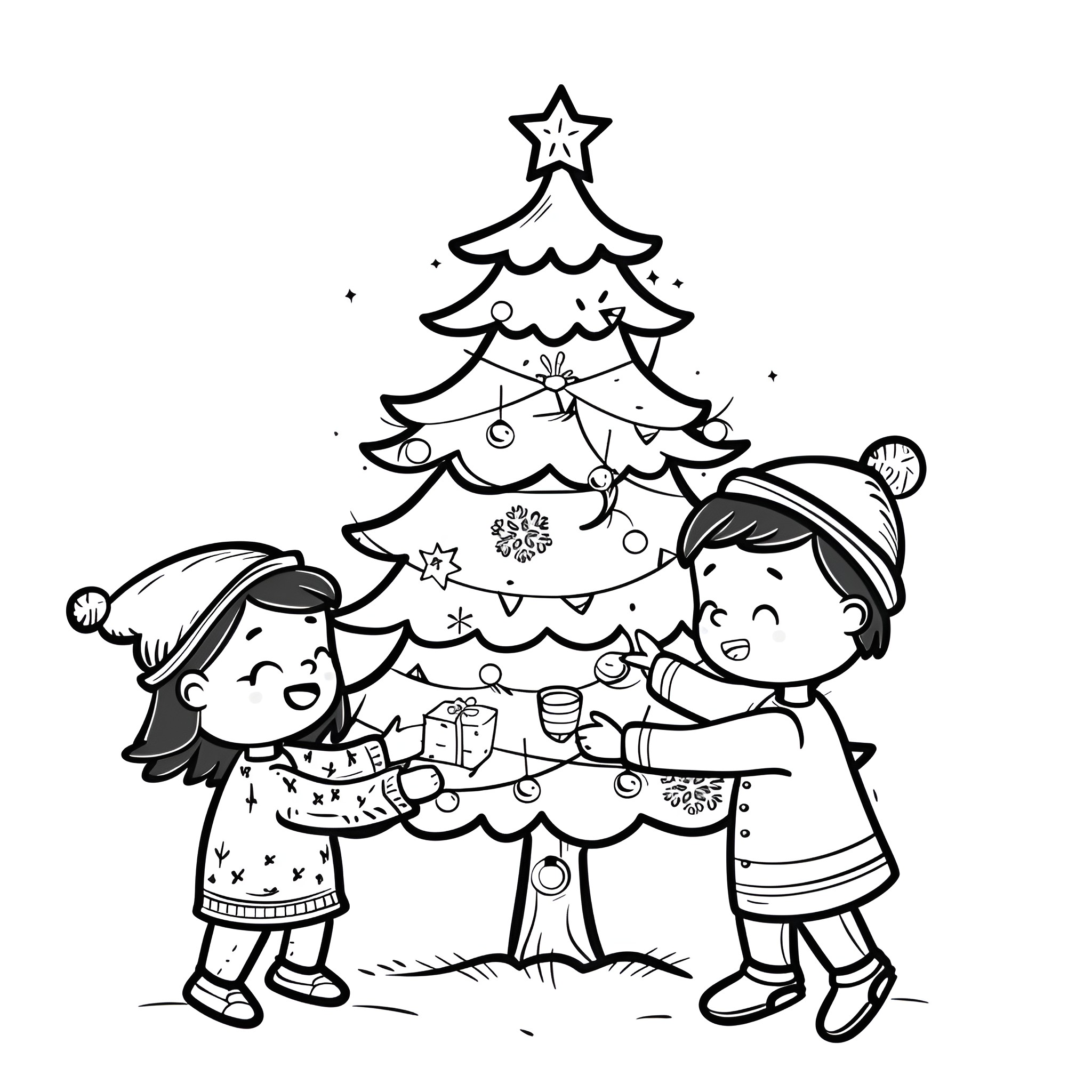Christmas children decorating the tree Drawing Idea (free black-and-white line drawing printable PDF for all, from beginners to advanced learners, including children, teens, adults, and seniors)