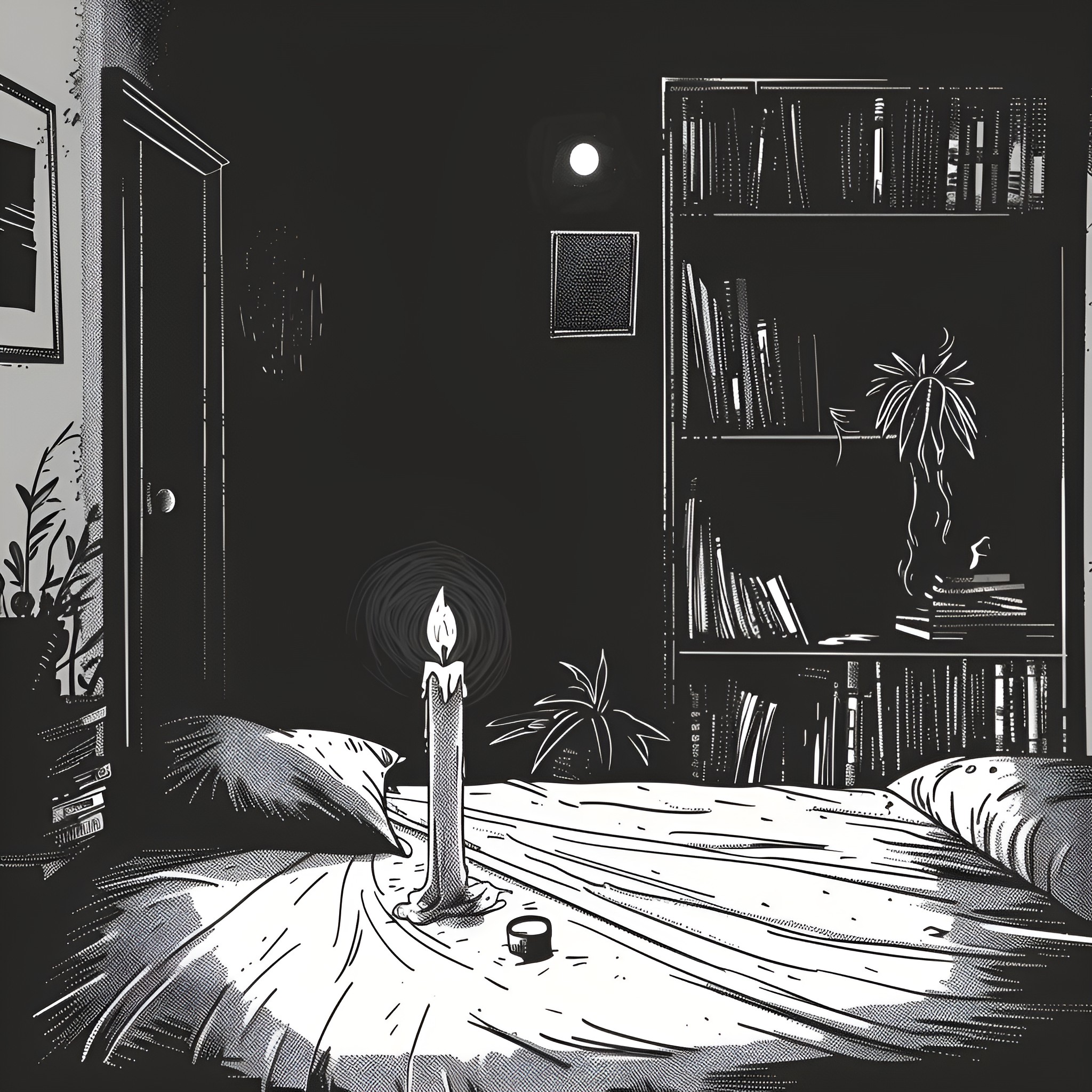 Aesthetic cozy reading nook with candle light Drawing Idea (free black-and-white line drawing printable PDF for all, from beginners to advanced learners, including children, teens, adults, and seniors)
