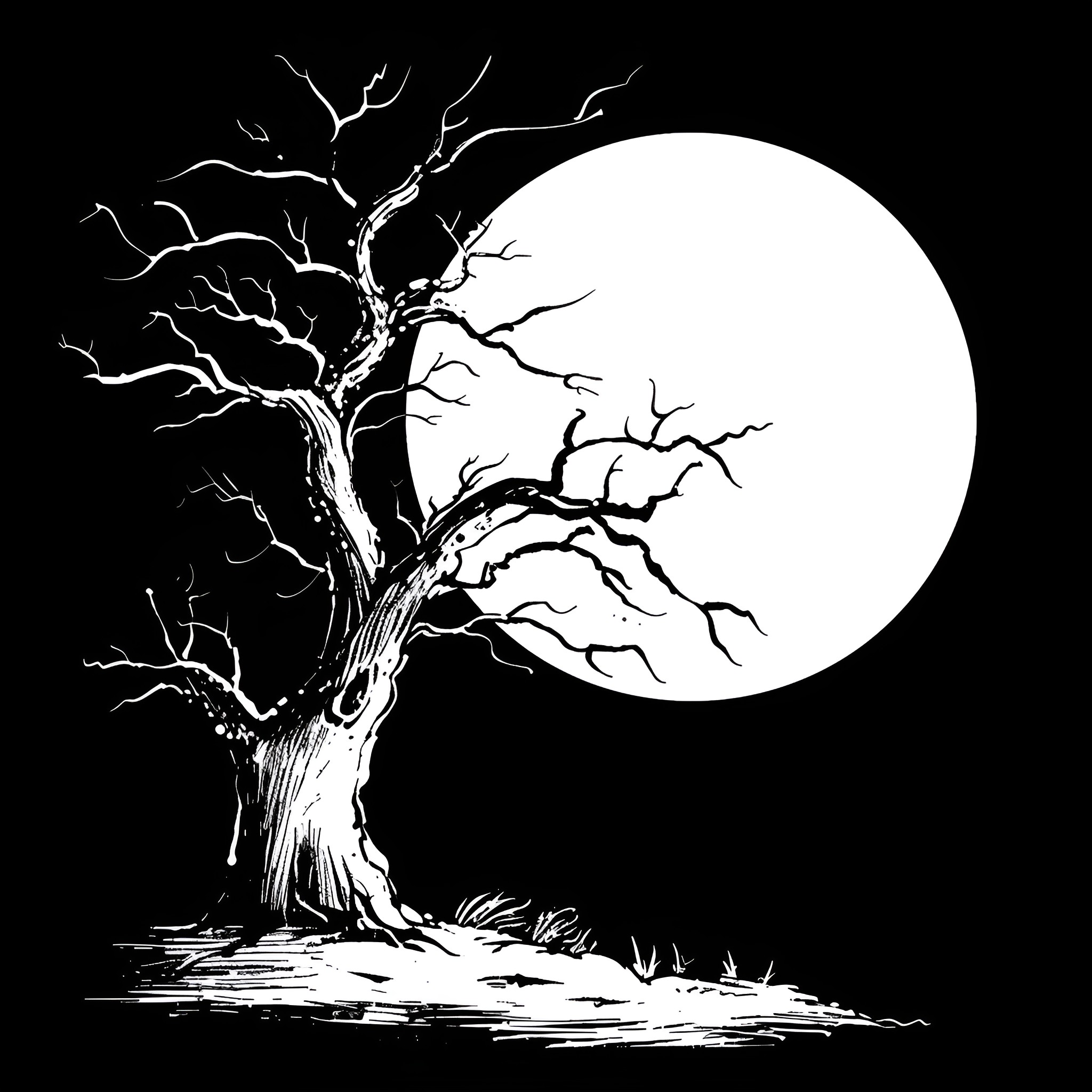 Halloween Eerie Tree Silhouette under Full Moon Drawing Idea (free black-and-white line drawing printable PDF for all, from beginners to advanced learners, including children, teens, adults, and seniors)