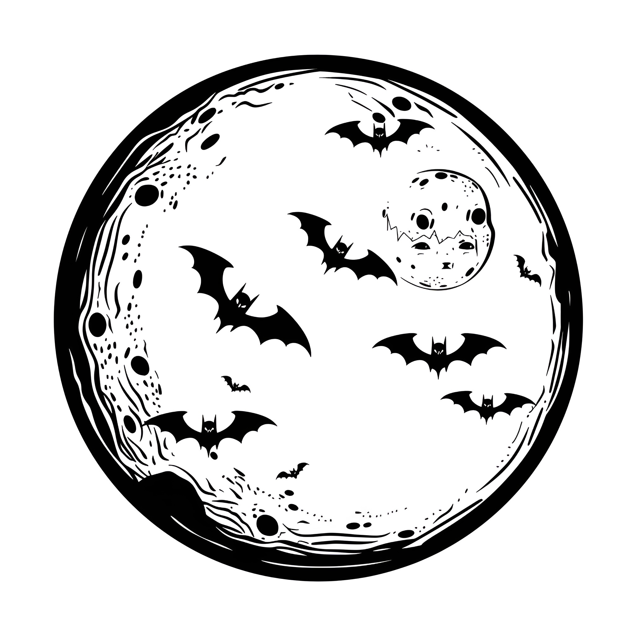 Halloween bats flying against the moon Drawing Idea (free black-and-white line drawing printable PDF for all, from beginners to advanced learners, including children, teens, adults, and seniors)