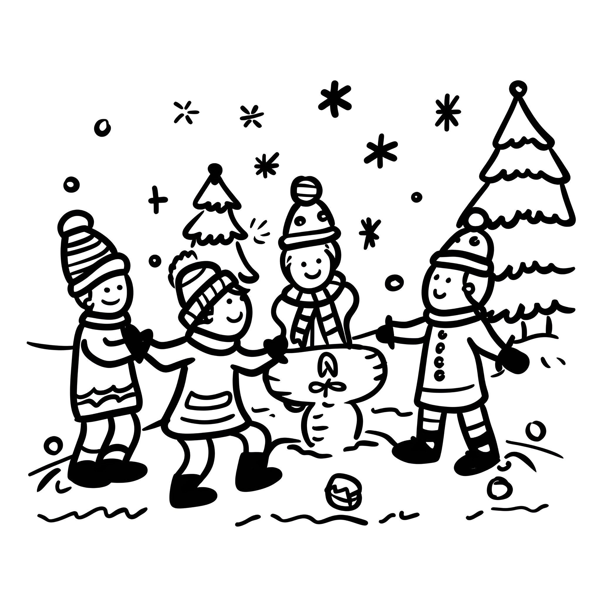 Christmas children playing in the snow Drawing Idea (free black-and-white line drawing printable PDF for all, from beginners to advanced learners, including children, teens, adults, and seniors)