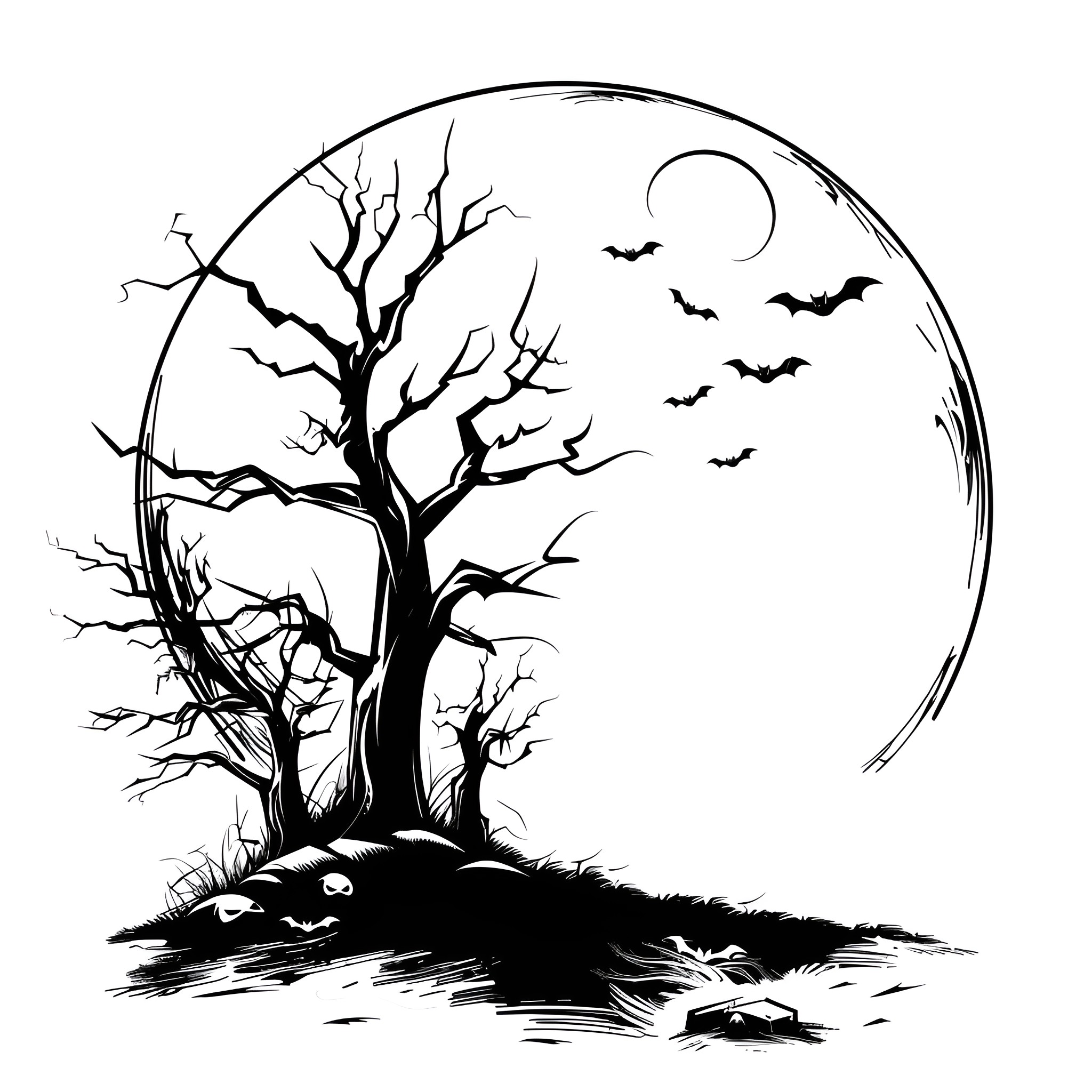 Halloween spooky tree and bats silhouette Drawing Idea (free black-and-white line drawing printable PDF for all, from beginners to advanced learners, including children, teens, adults, and seniors)