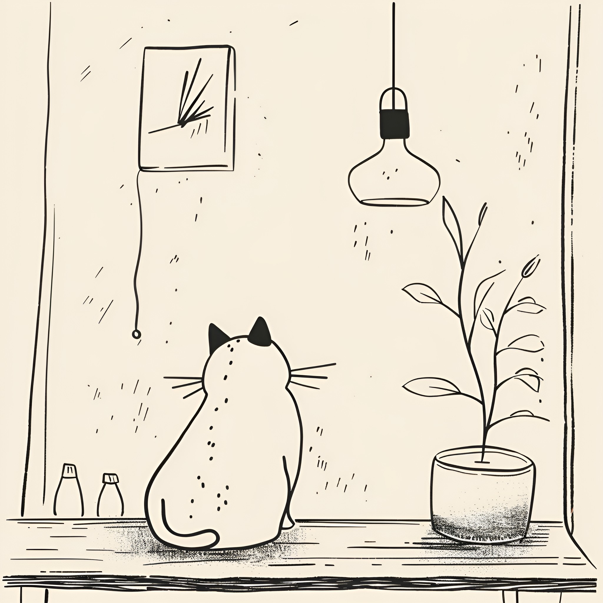 Aesthetic cozy cat gazing in interior space Drawing Idea (free black-and-white line drawing printable PDF for all, from beginners to advanced learners, including children, teens, adults, and seniors)