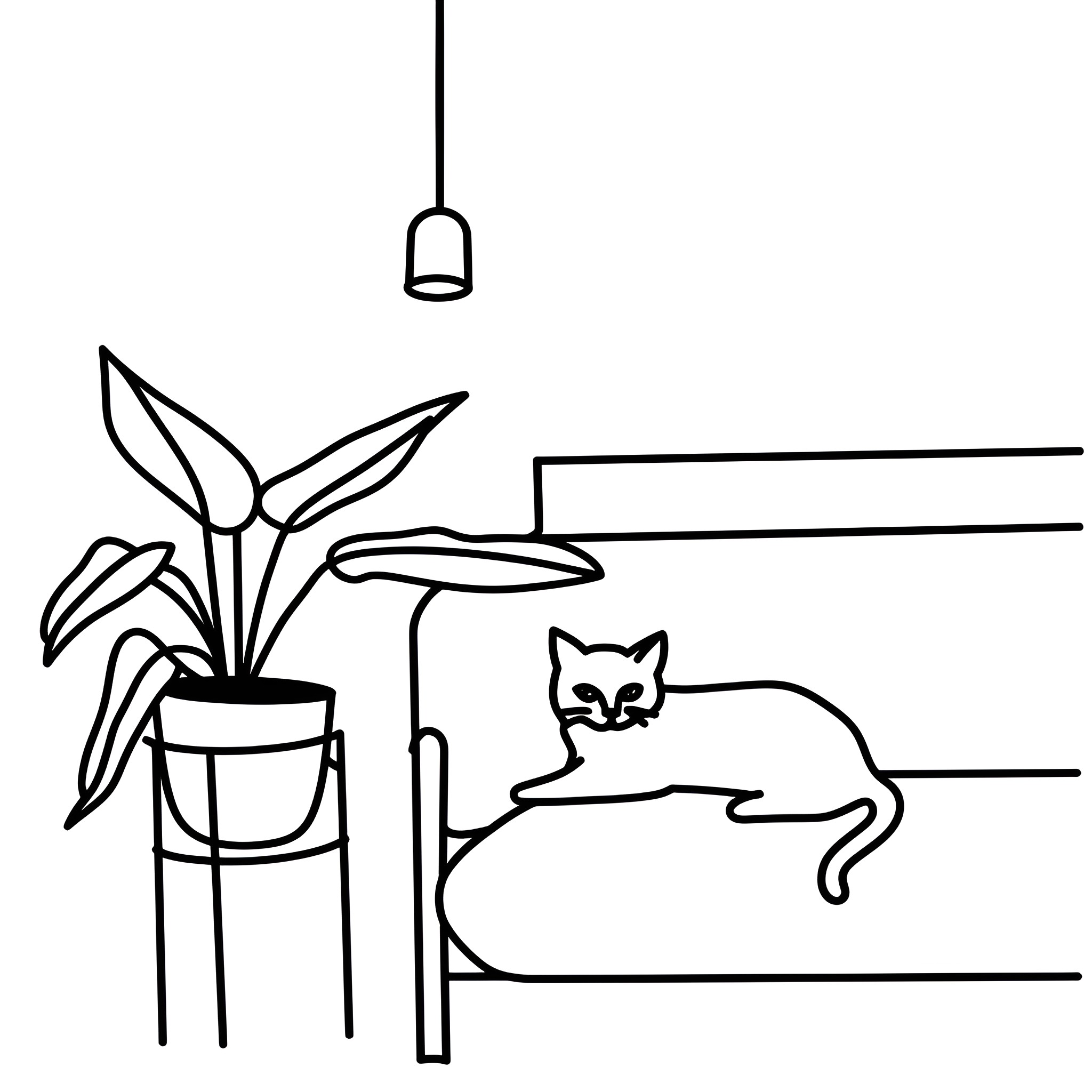 Aesthetic Cozy Cat Resting Indoors Drawing Idea (free black-and-white line drawing printable PDF for all, from beginners to advanced learners, including children, teens, adults, and seniors)