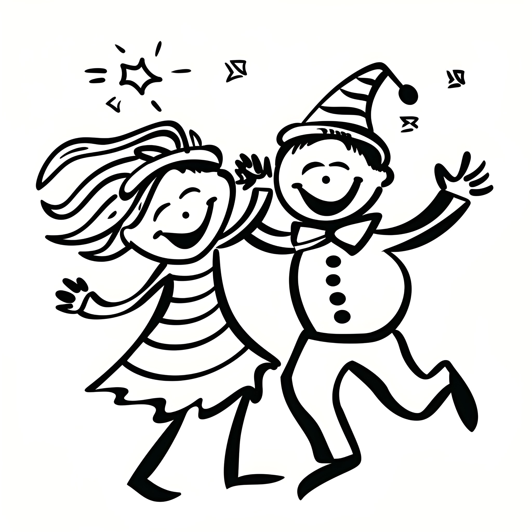 Christmas friends dancing and celebrating Drawing Idea (free black-and-white line drawing printable PDF for all, from beginners to advanced learners, including children, teens, adults, and seniors)