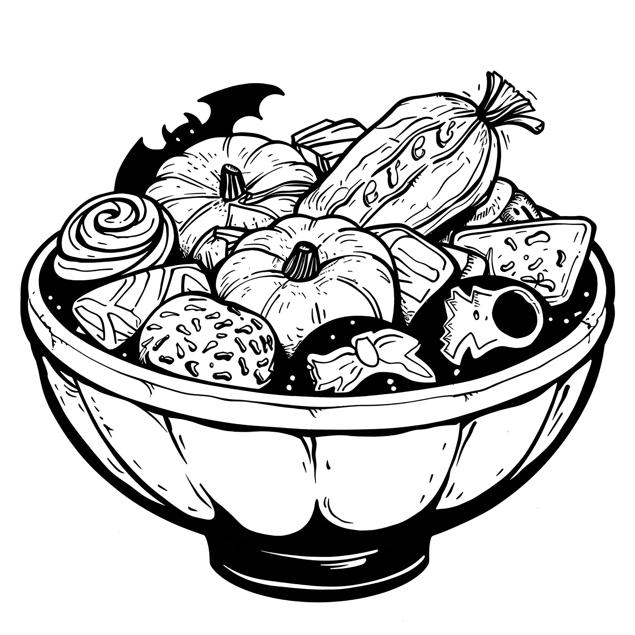 Halloween Spooky Treats in a Bowl Drawing Idea (free black-and-white line drawing printable PDF for all, from beginners to advanced learners, including children, teens, adults, and seniors)