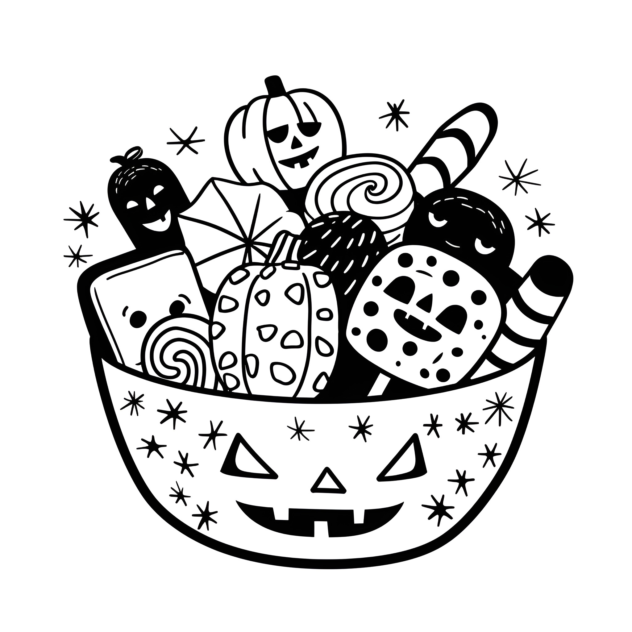 Halloween basket of spooky treats Drawing Idea (free black-and-white line drawing printable PDF for all, from beginners to advanced learners, including children, teens, adults, and seniors)