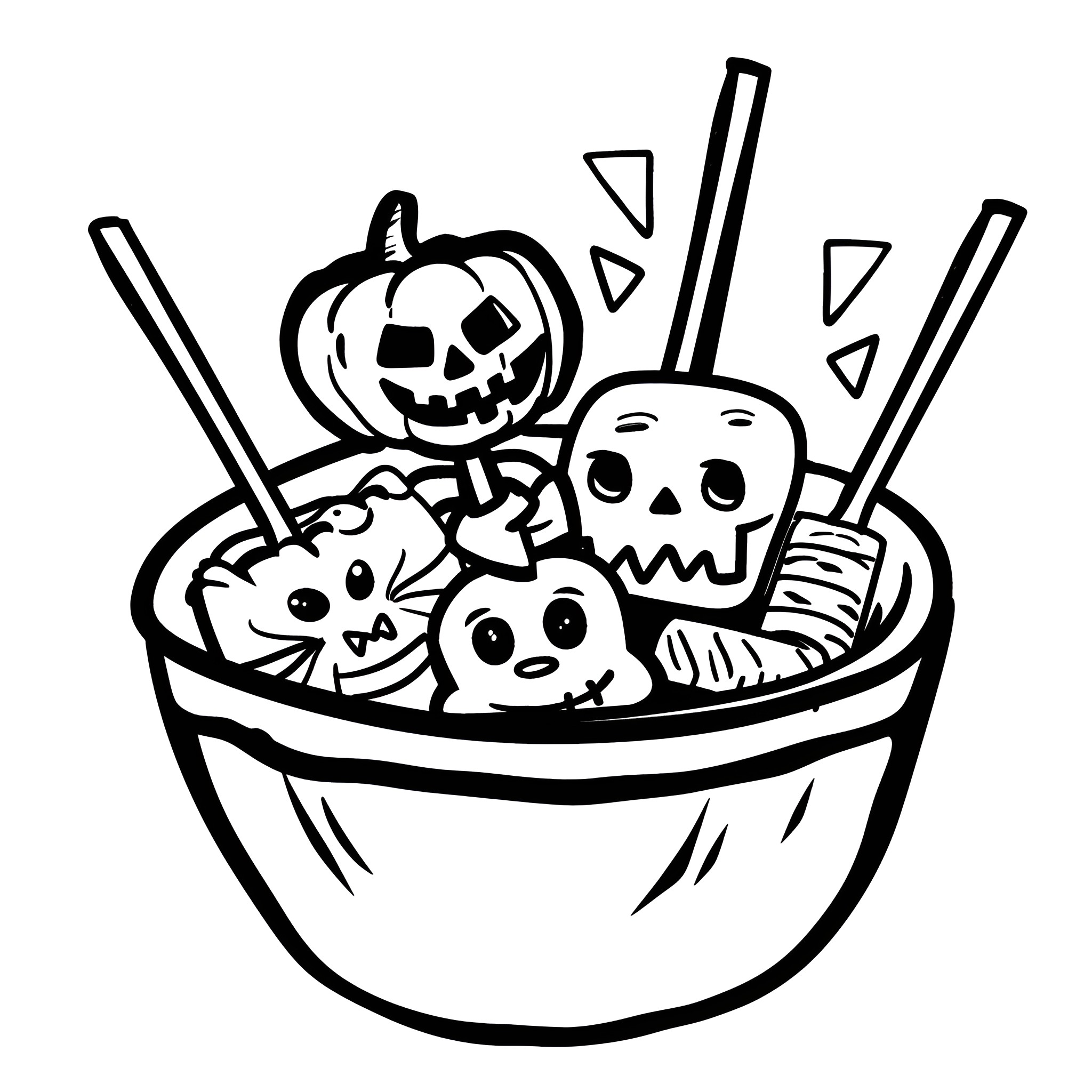 Halloween Trick-or-Treat Candy Bowl Drawing Idea (free black-and-white line drawing printable PDF for all, from beginners to advanced learners, including children, teens, adults, and seniors)