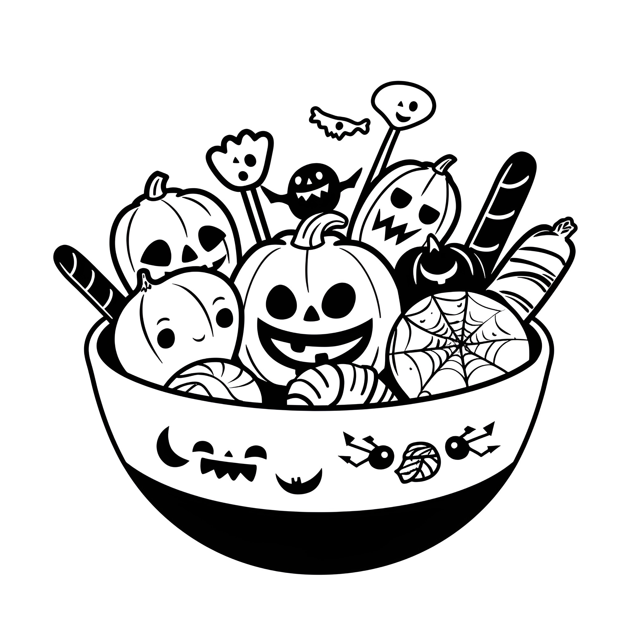 Halloween bowl filled with festive characters Drawing Idea (free black-and-white line drawing printable PDF for all, from beginners to advanced learners, including children, teens, adults, and seniors)