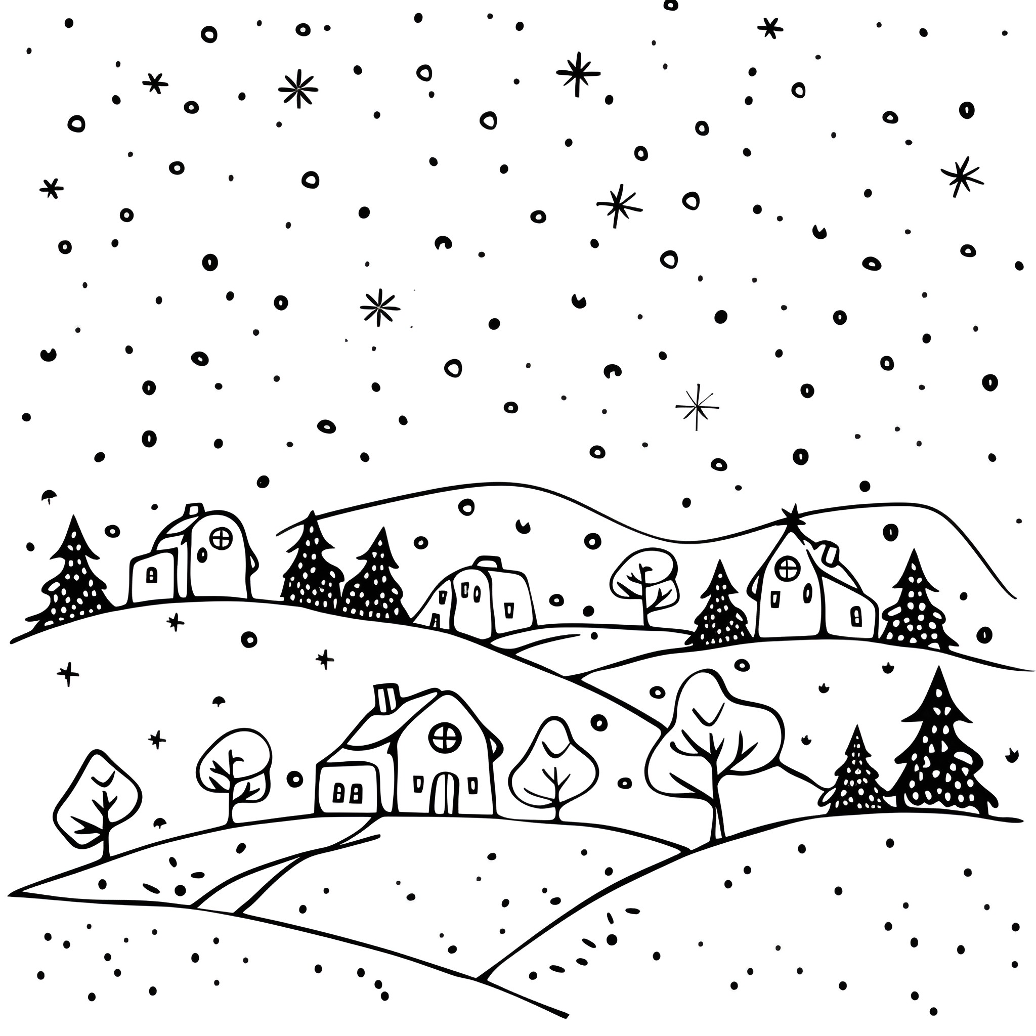 Christmas village in winter wonderland Drawing Idea (free black-and-white line drawing printable PDF for all, from beginners to advanced learners, including children, teens, adults, and seniors)