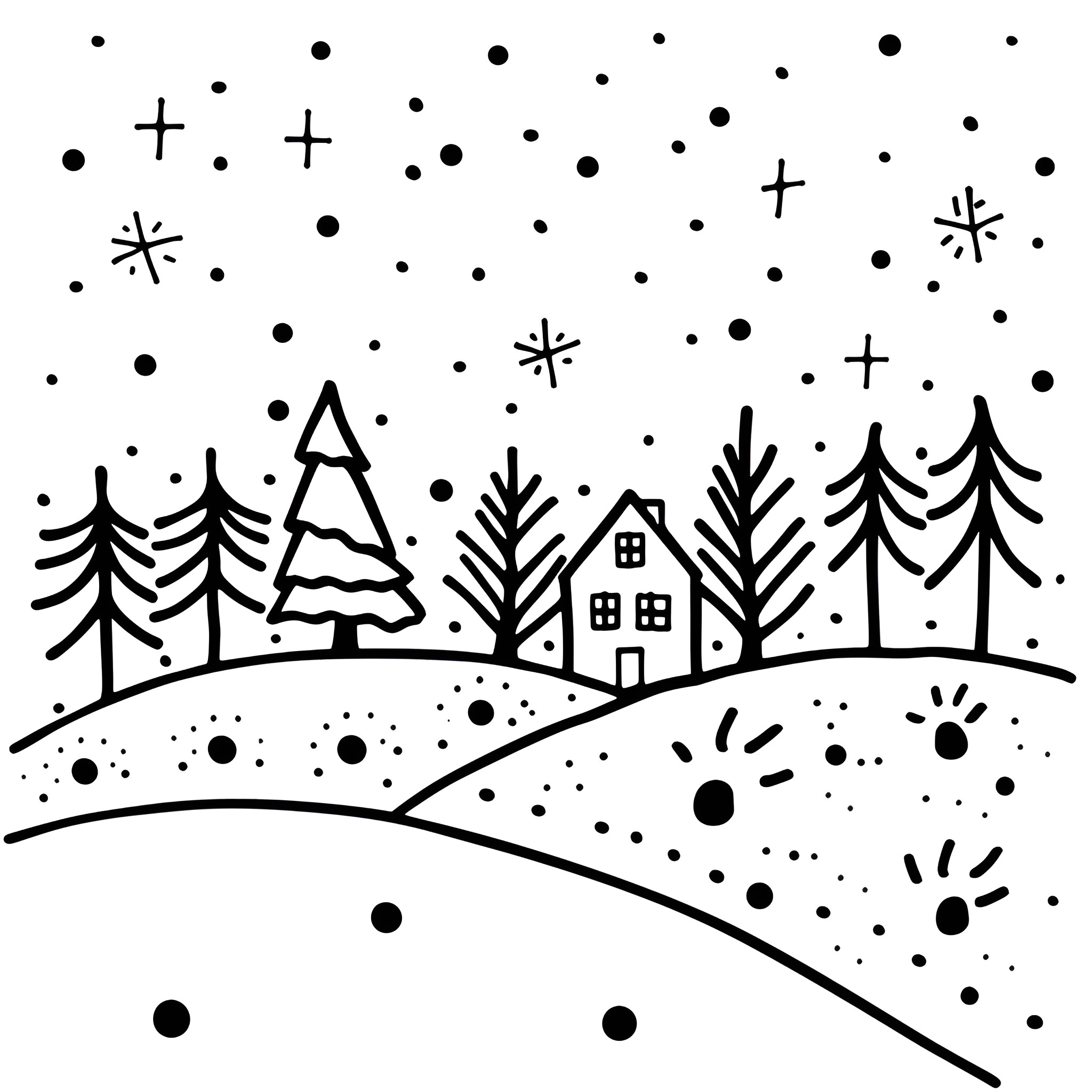 Christmas holiday scenery with trees and cabin Drawing Idea (free black-and-white line drawing printable PDF for all, from beginners to advanced learners, including children, teens, adults, and seniors)