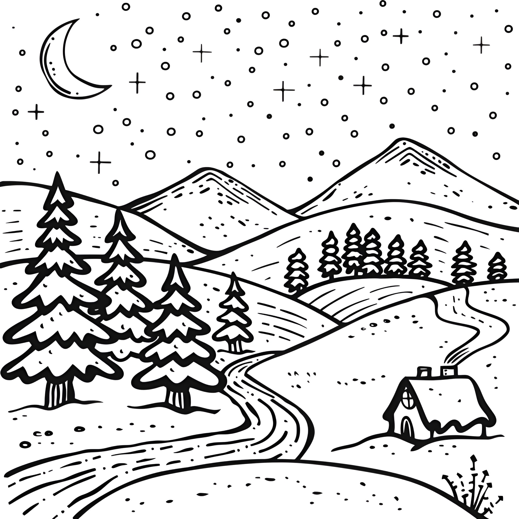 Christmas snowy landscape with moon and stars Drawing Idea (free black-and-white line drawing printable PDF for all, from beginners to advanced learners, including children, teens, adults, and seniors)